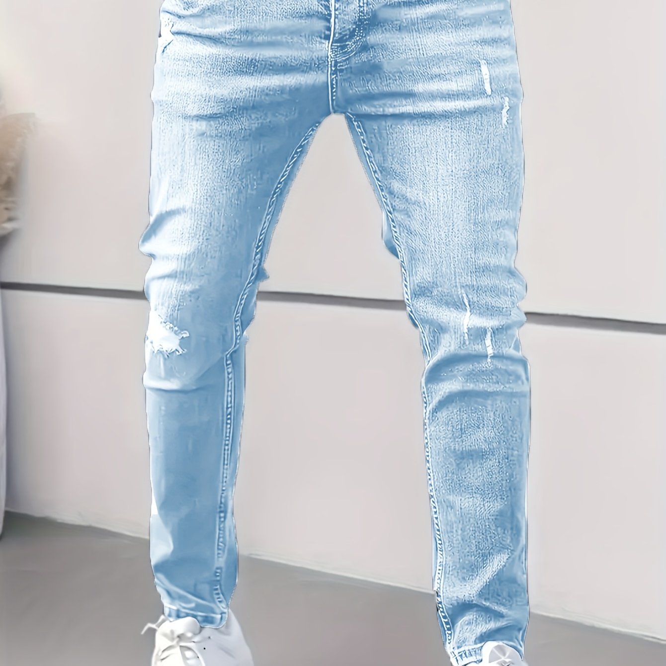 Image of 's Easy Style Slim Jeans Men's Ripped Solid Color Casual Denim Trousers