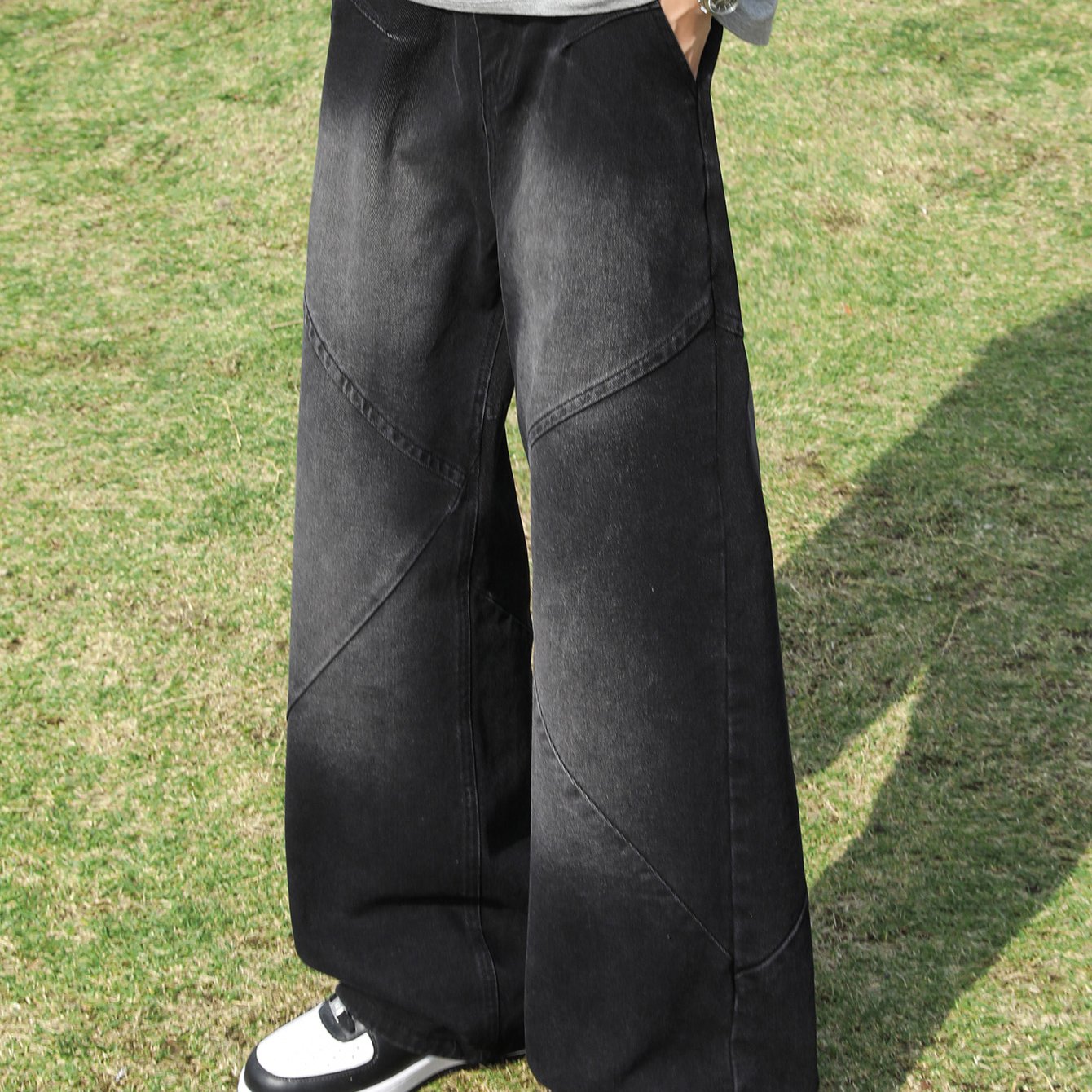 TEMU 夏用 薄手 メンズ パッチワークデザイン レトロ ド ワイドレッグ ストレートレッグジーンズ ゆったり 快適 カジュアル トレンディ 万能 ハイストリート メンズパンツ