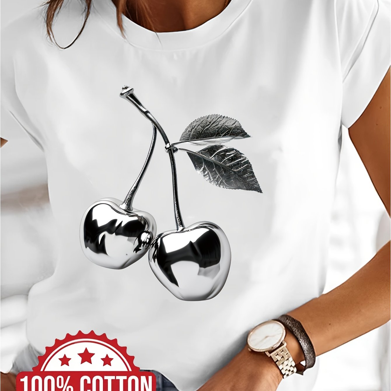 TEMU Women's Casual Short Sleeve T-shirt - And Leaf Print, 100%, Machine Washable, Spring/summer Fashion, Versatile Casual Attire, Ideal Gift, Ladies