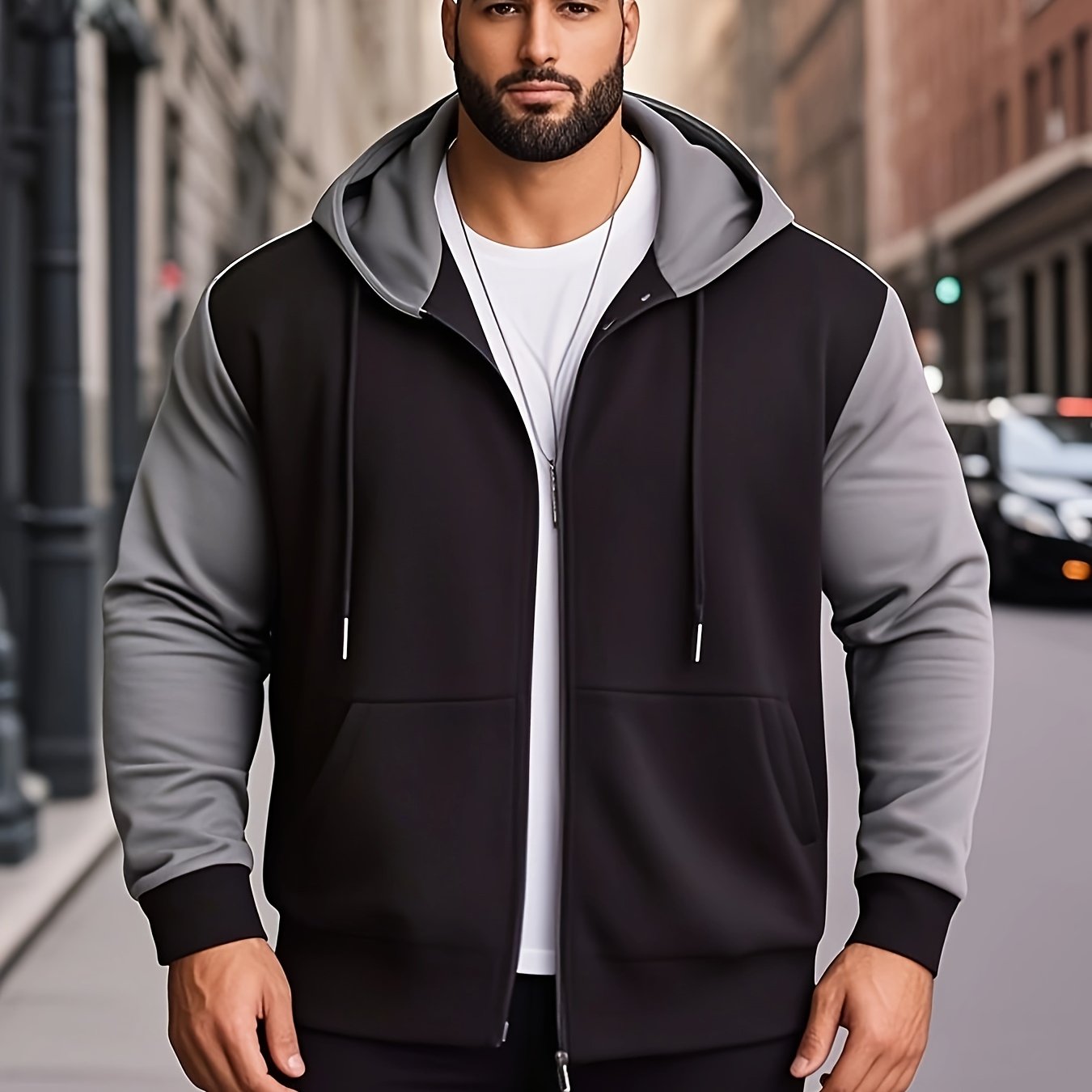 Plus-size Men's Color-block Hooded Sweatshirt Jacket, Fashionable Men's Sporty Comfortable Sweatshirt, Hooded Jacket With A , Plus Size