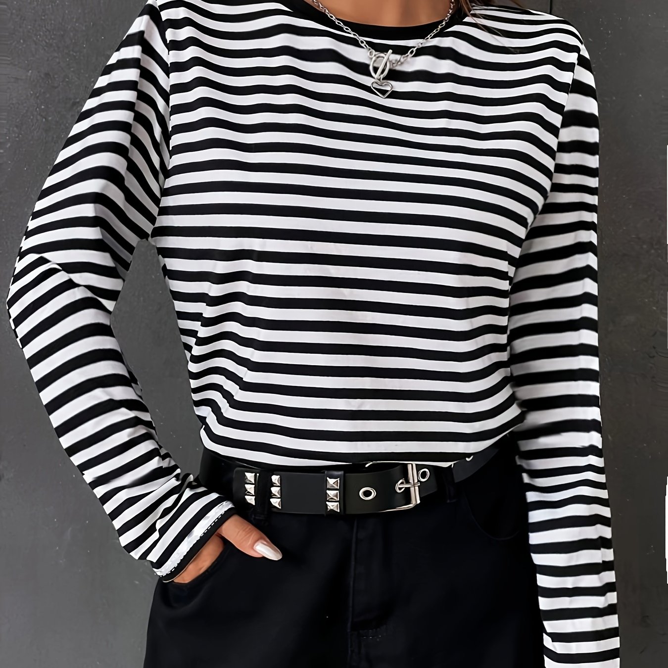 TEMU Striped Color Block T-shirt, Casual Drop Shoulder Crew Neck Long Sleeve T-shirt For Spring And Fall, Women's Clothing