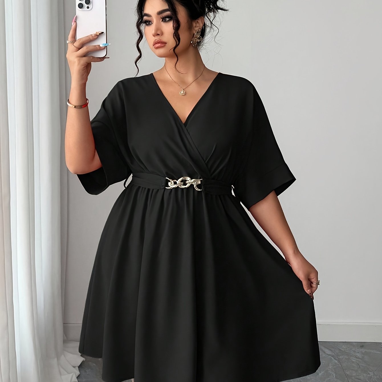 Plus Size - Plus Size - Plus Size Solid Color V-neck Cross Design Batwing Sleeve Waist Dress Women｜temperament Commuter Versatile A-line Skirt