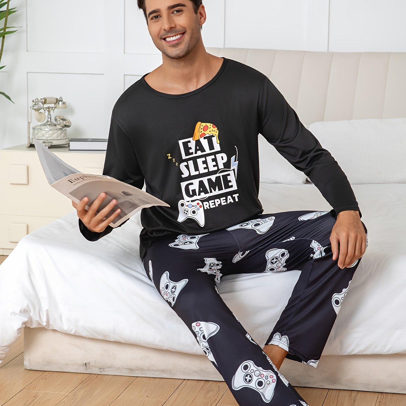 TEMU 2pcs Set, Men's Letter Print Black Long Sleeve And Game Controller Print Pants Loungewear Set