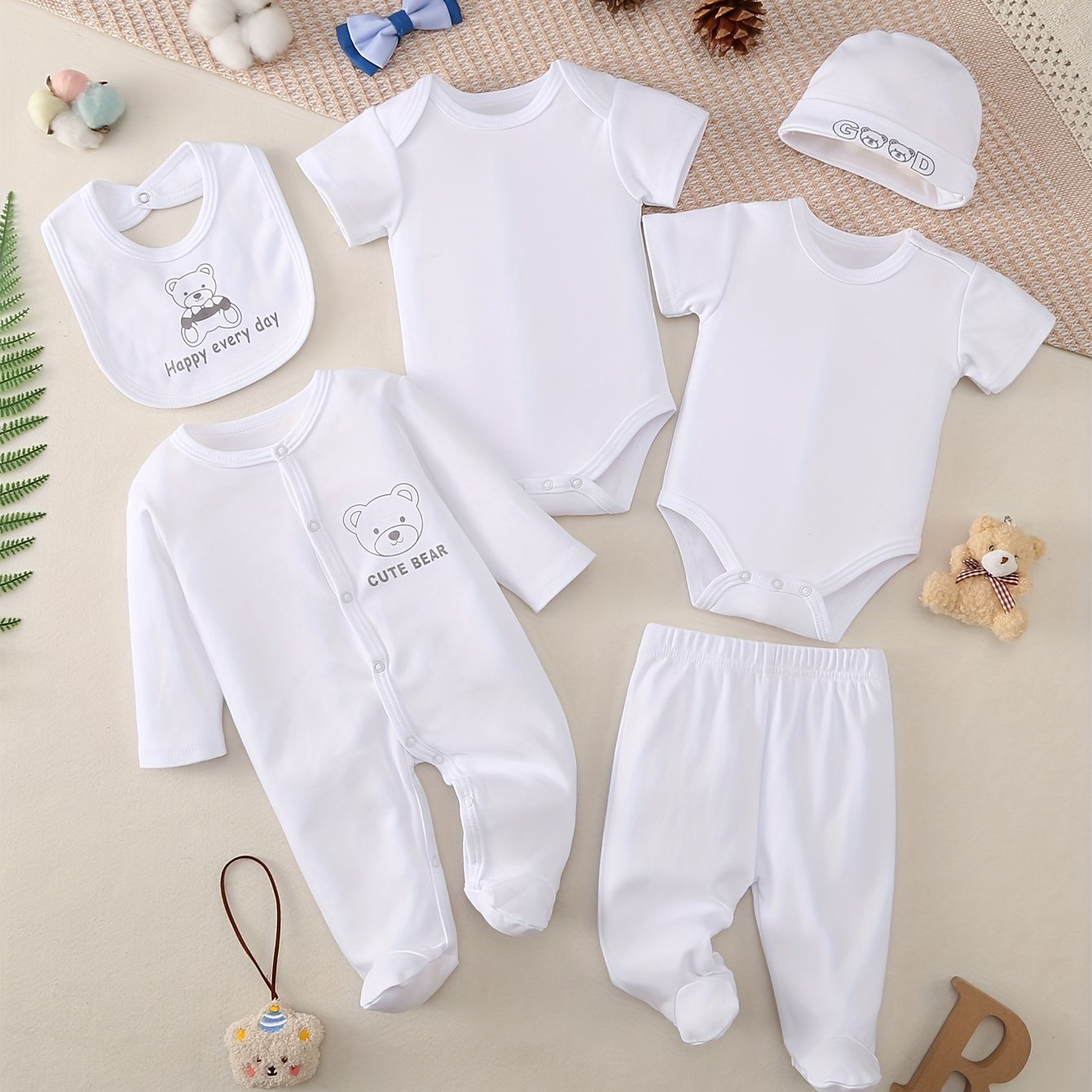 Image of Newborn Crawling Romper Set, White, Unisex For Boys And Girls, 6pcs Set: Triangle Onesie T-shirt, Romper, Drool Bib, Long Pants, And Hat, Clothing Accessories, Perfect For Outdoor