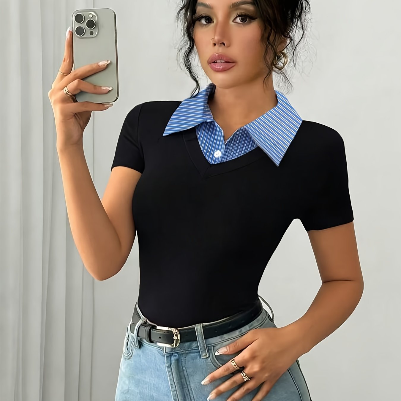 TEMU Elegant Exquisite Women's Black V-neck Short Sleeve Top Fake Two-piece Blue White Striped Shirt Collar Slim Layer Fashion Temperament Piece For