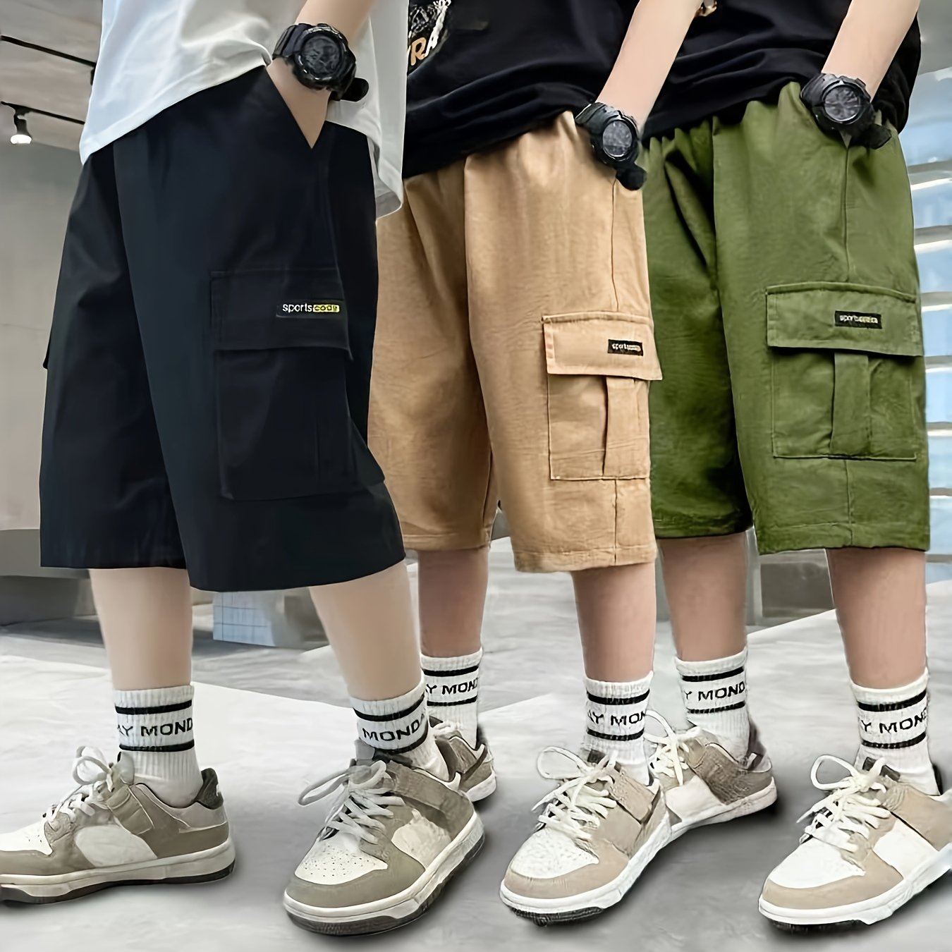 Image of 3pcs Boys' Contrast Solid Color Cargo Shorts, Summer Outdoor Casual Fashion Short Pants, For Outdoor