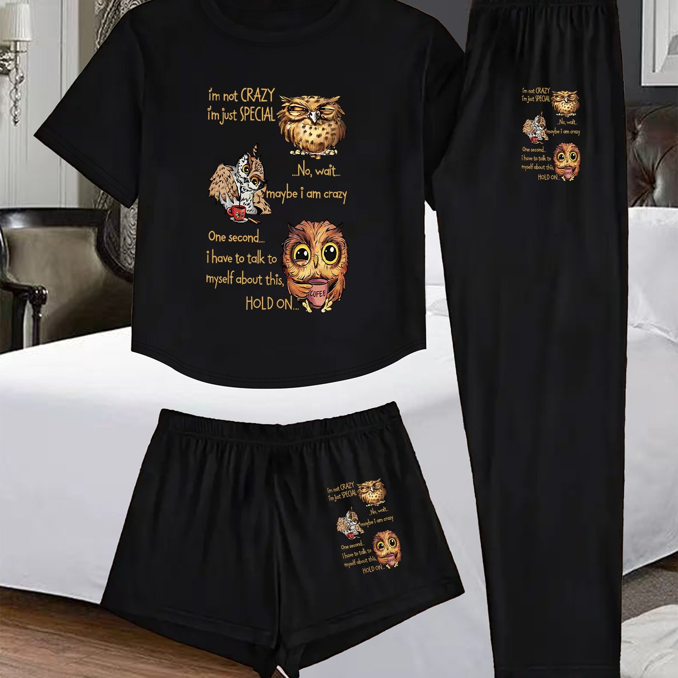 TEMU (1002# 3pcs Set) Women's Loungewear 3pcs Set With Fun Owl Print, Comfortable Outfit, Essential For Daily
