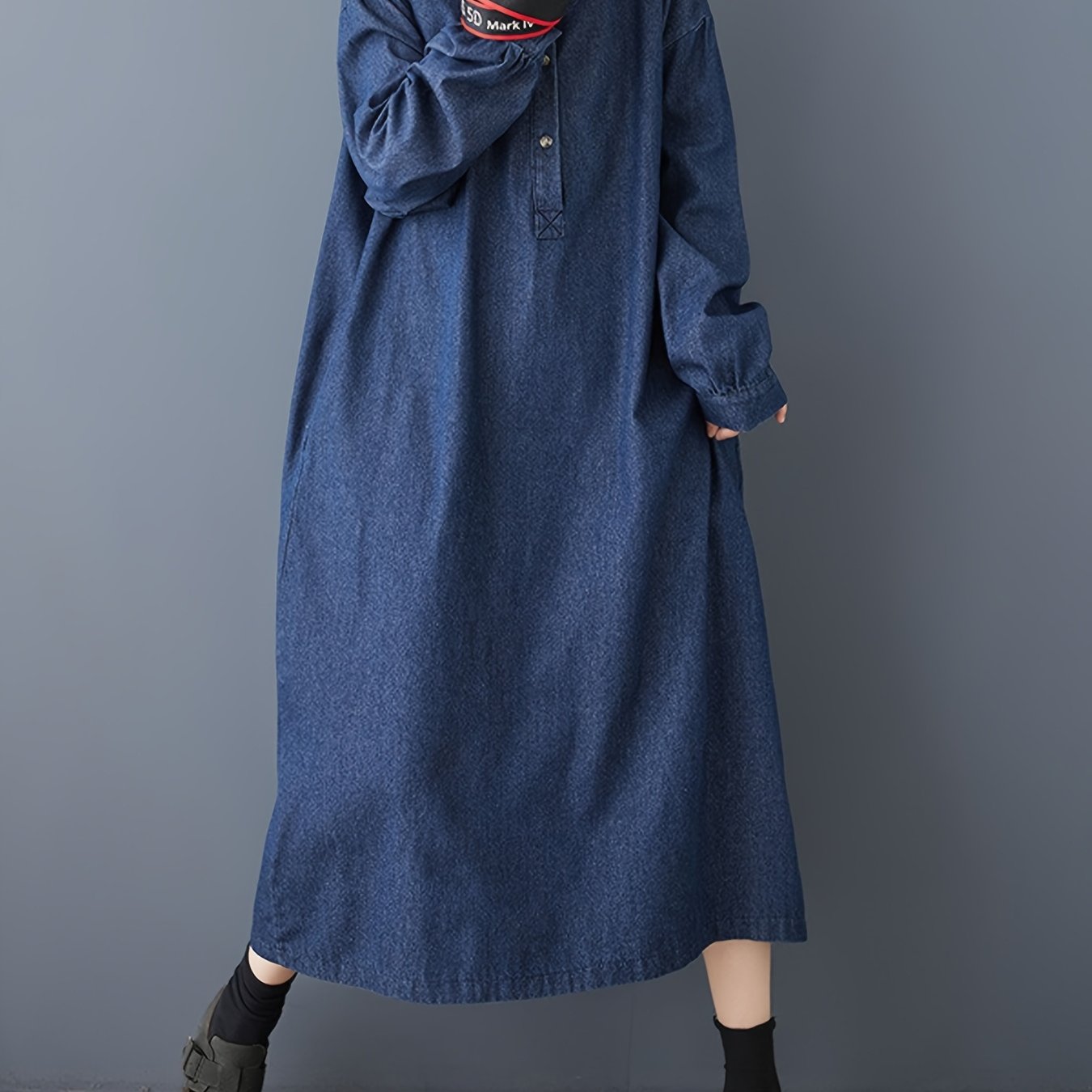 TEMU レトロデニムロングスカート女ポロ襟スタンドカラーデニムスカート女春の新作春春ワンピースピュアカラーワンピース