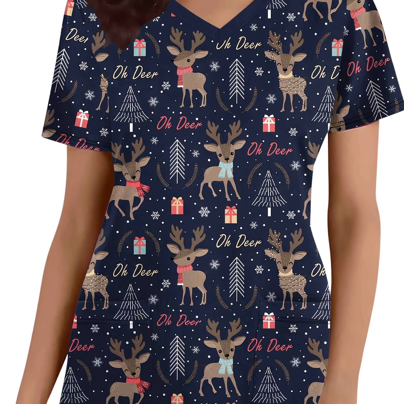 Christmas Nurses Scrub Top for Women - Casual V-Neck Short Sleeve T-Shirt with Cute Reindeer Print, Soft Polyester Knit Fabric, * Pad, Pocket Detail, * *