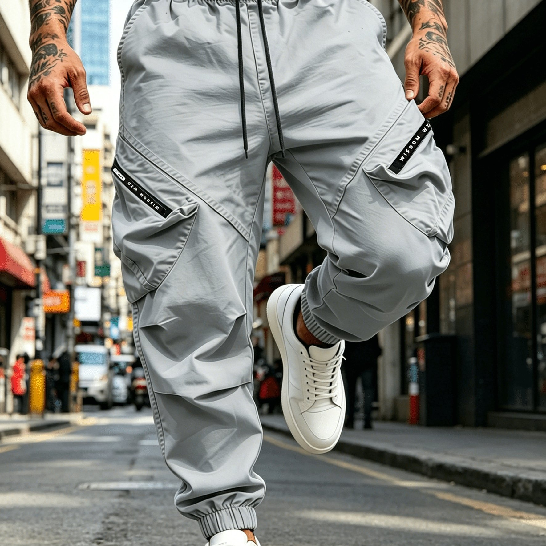 TEMU Geng Yuanshi Product: Men's Cargo Pants With Zippered Three-dimensional Cargo Pockets, Adjustable Drawstring Waist, And Multiple Large Storage