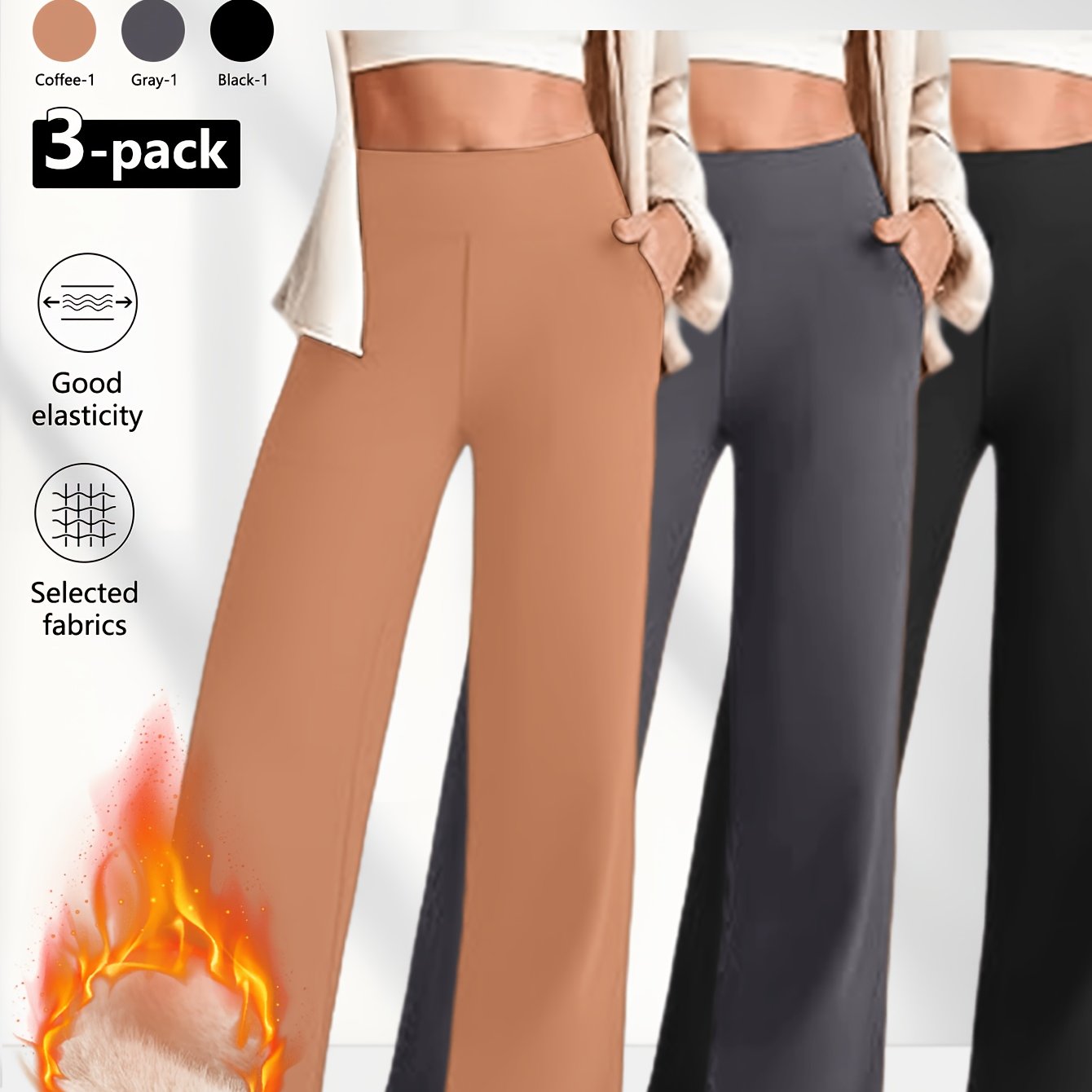 TEMU 3pcs (3pcs) Lined High Waist Wide Leg Yoga Pants Suitable For &, Thermal Warm Trousers With Side Pockets, Coffee Gray & Black, Machine Washable
