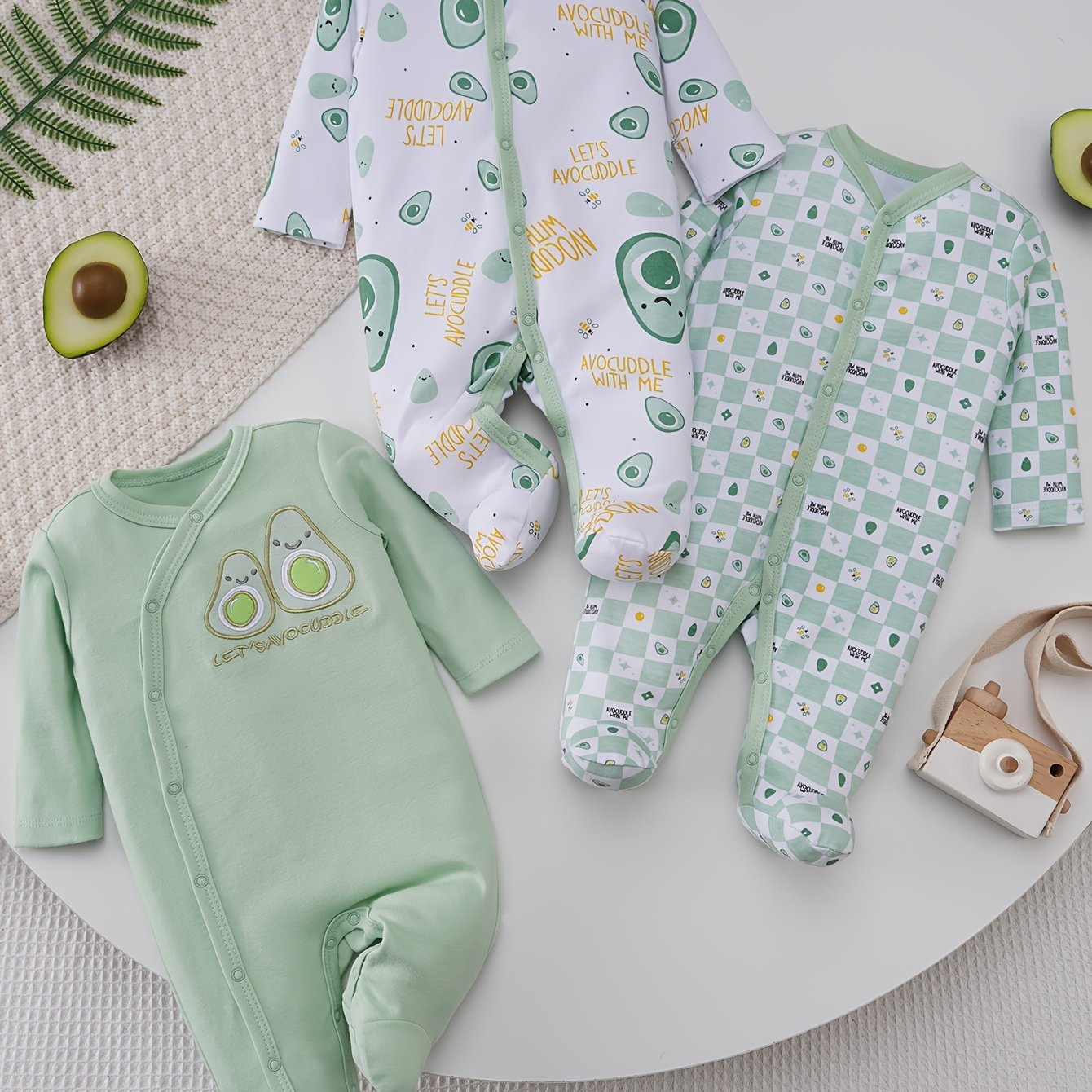 Image of A 3pcs Set Of Pure Cartoon Embroidered And Print Pattern Comfortable And Soft Full-coverage Footed Romper For Boys And Girls, Pjs
