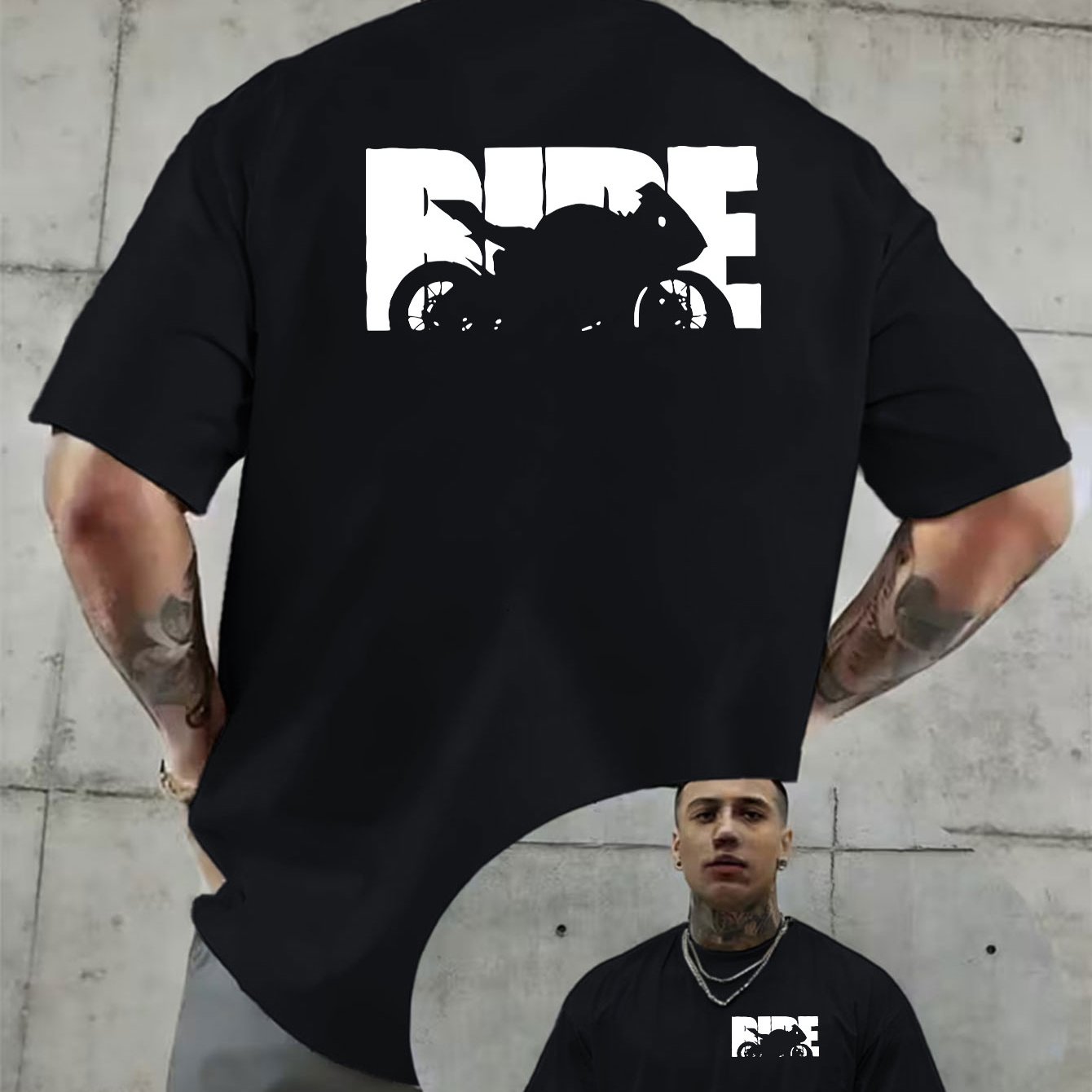 TEMU Creative Double-sided Pattern Print, Ride Motorcycle Silhouette Print T-shirt, Street Cool, Motorcycle Enthusiast Style, Summer Men's Casual