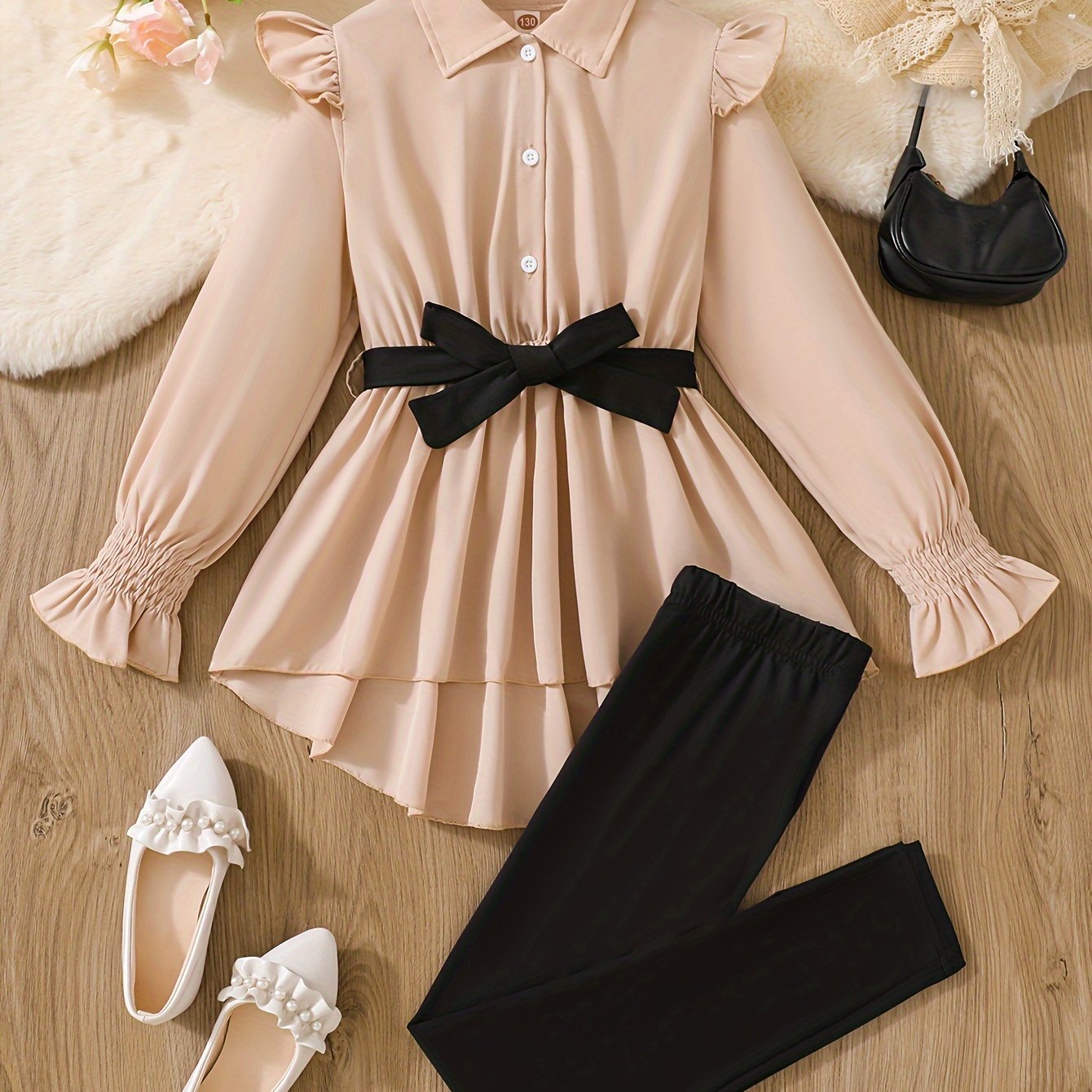 Image of Girls' Fashion Long Shirt Dress Top With Belt Leggings Set, For Outdoor