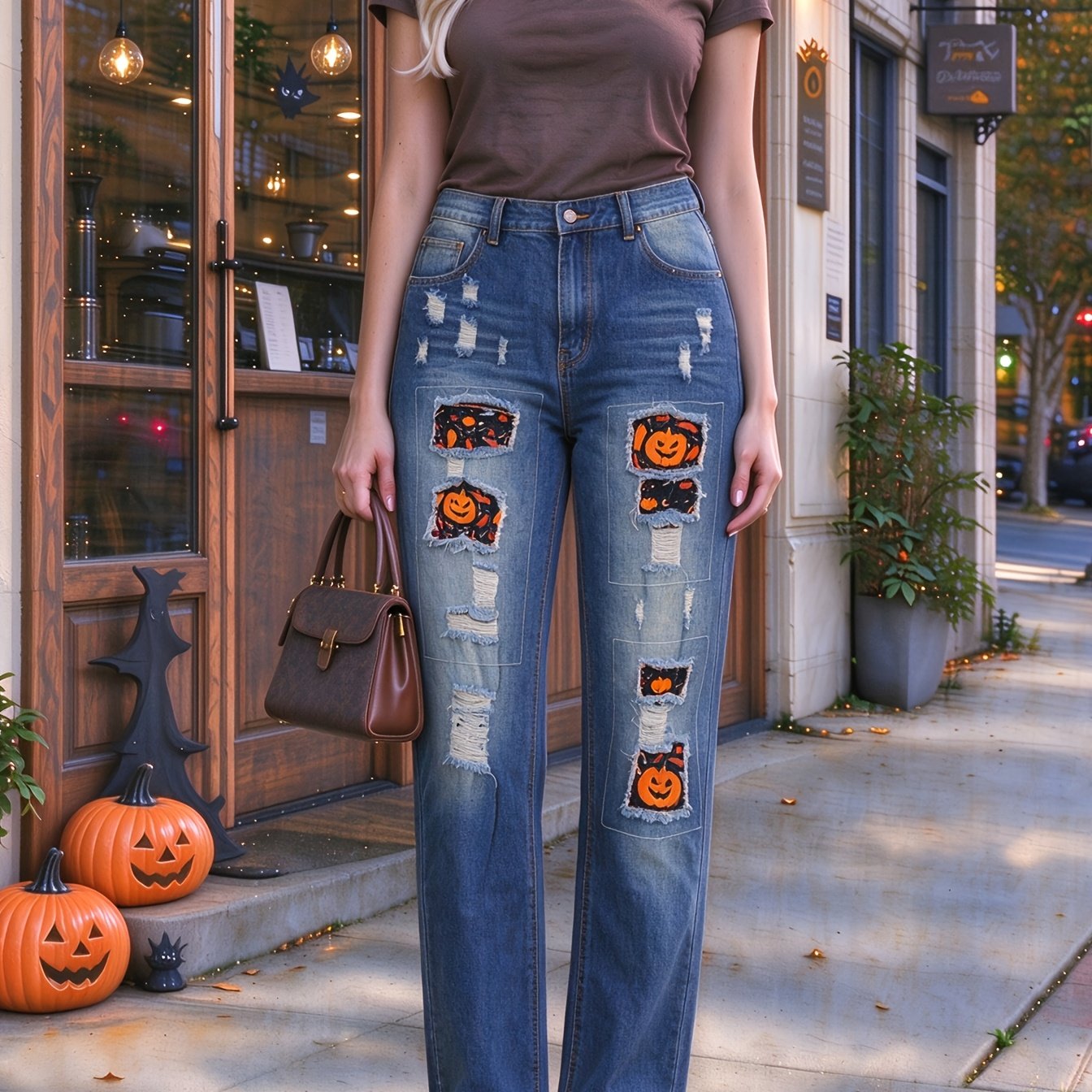 TEMU Women's Jeans Personalized Street Ripped Halloween Printed Patches Straight Trousers