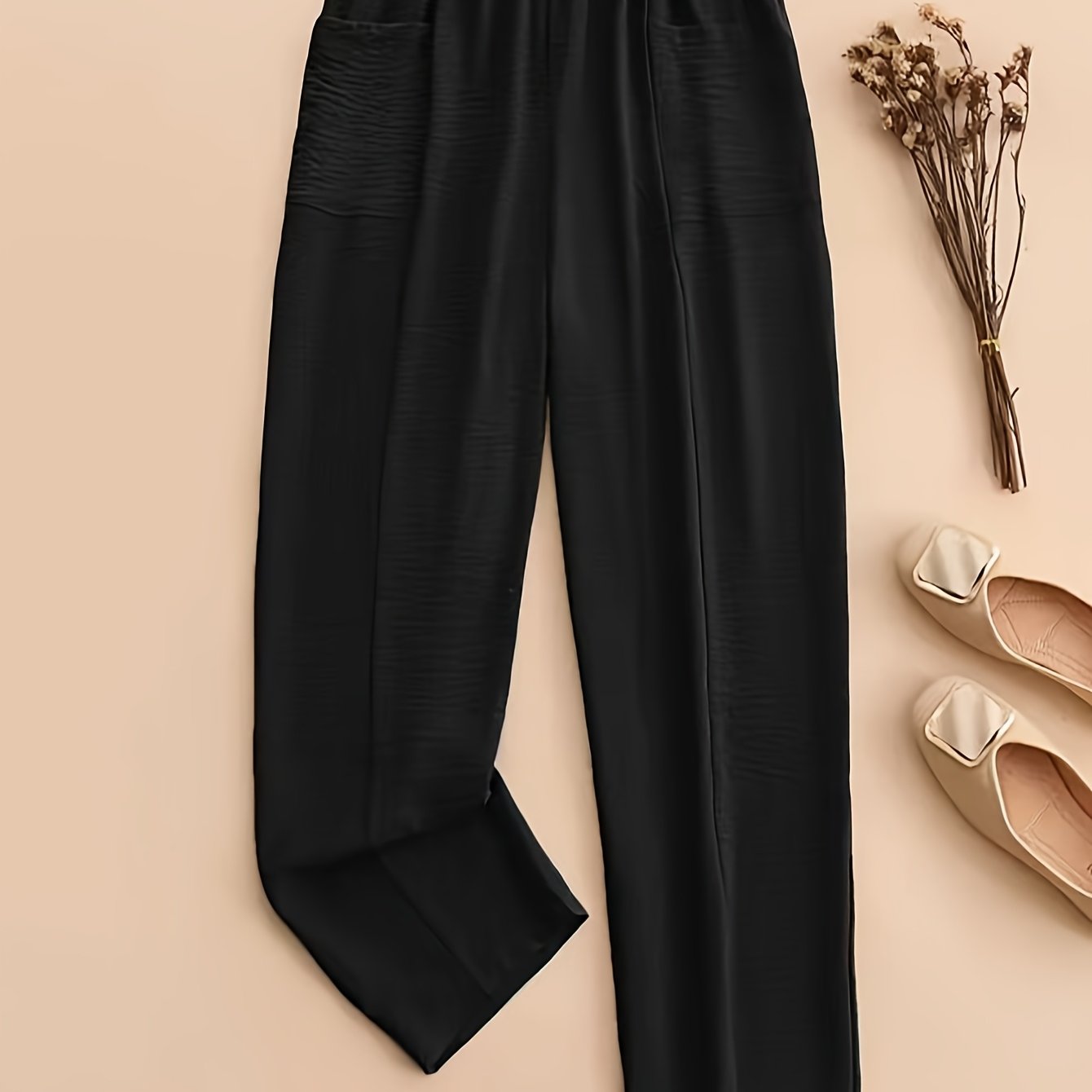 TEMU Plus-Size Damenhosen in Unifarben mit Elastischem Bund und Quertaschen - Maschinenwaschbare, Elegante Freizeithosen für Frühling Sommer Herbst