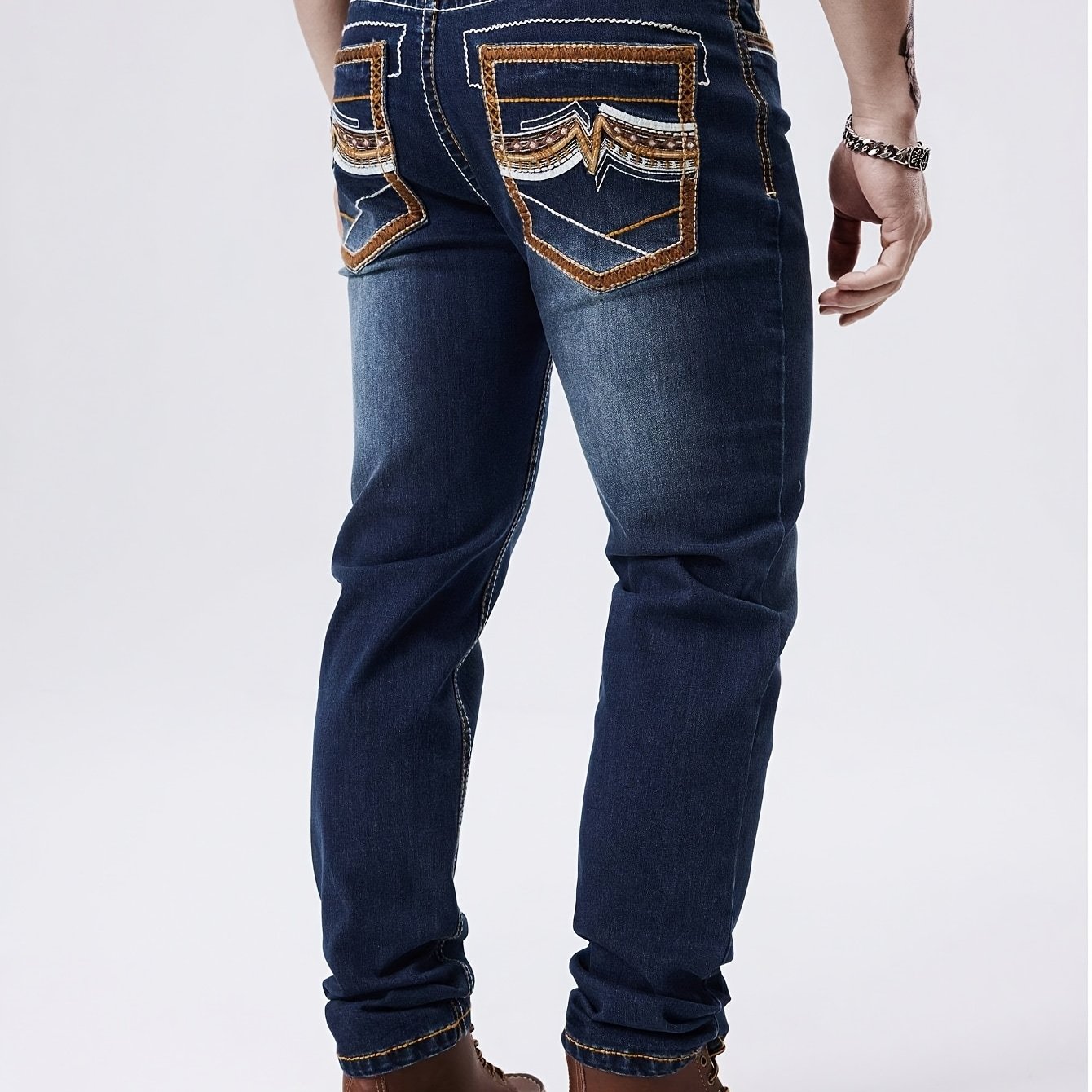 Men's Thick Line Embroidered Stretchy Washed Denim Pants For
