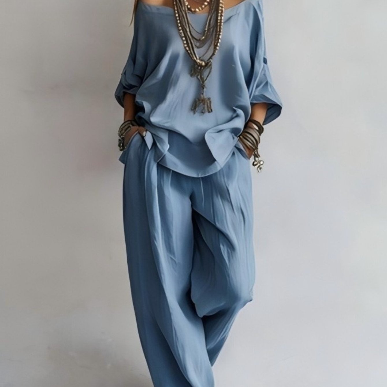 2026 Summer Women's 2pcs Set, 3/4 Sleeve Casual Loose Top And High Waist Wide Leg Pants, Vacation Outfits For European American