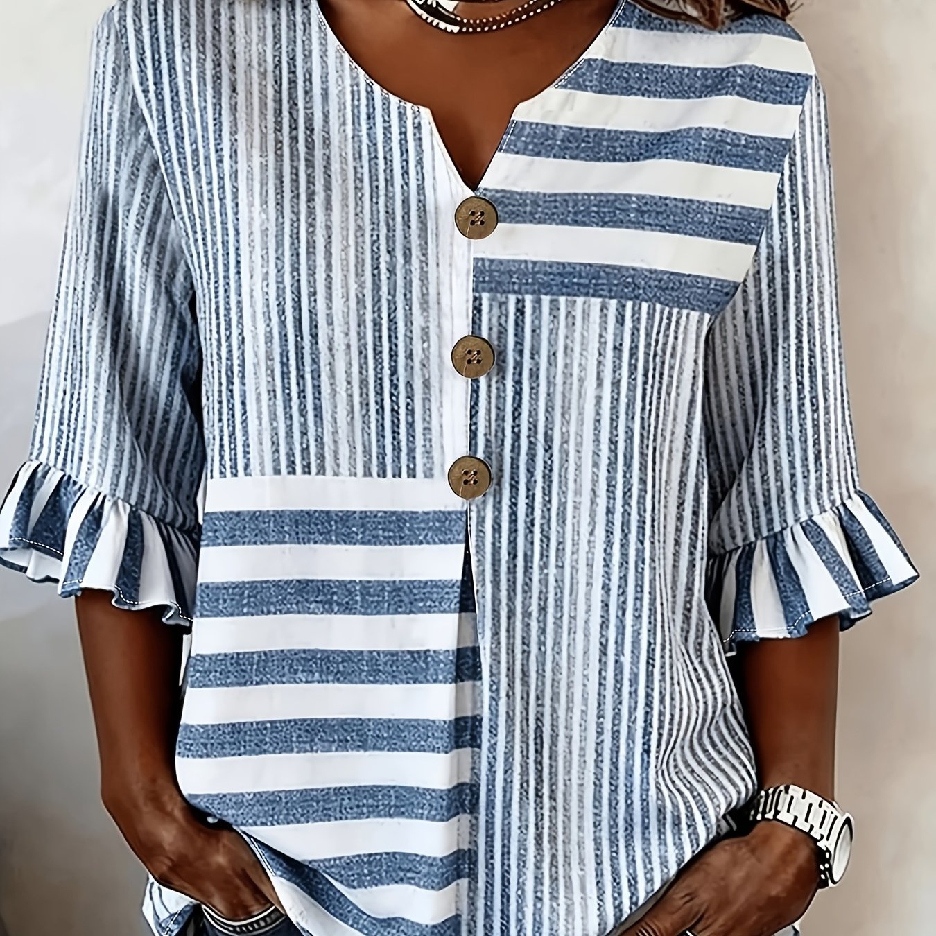 TEMU Plus Size Women's Striped Printed Shirt, Casual V-neck 3/4 Sleeve Button-decorated Top