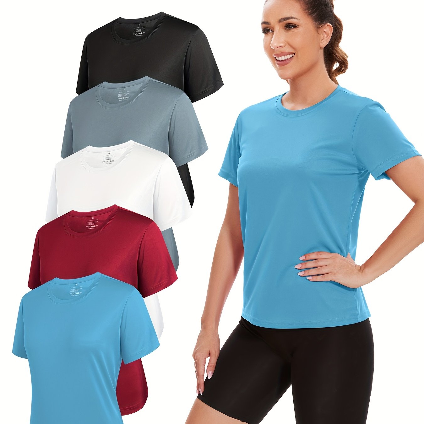 TEMU Set Of 5 Ladies Casual Short Sleeve Breathable Quick T-shirt Tennis Basketball Outdoor Workout T-shirt