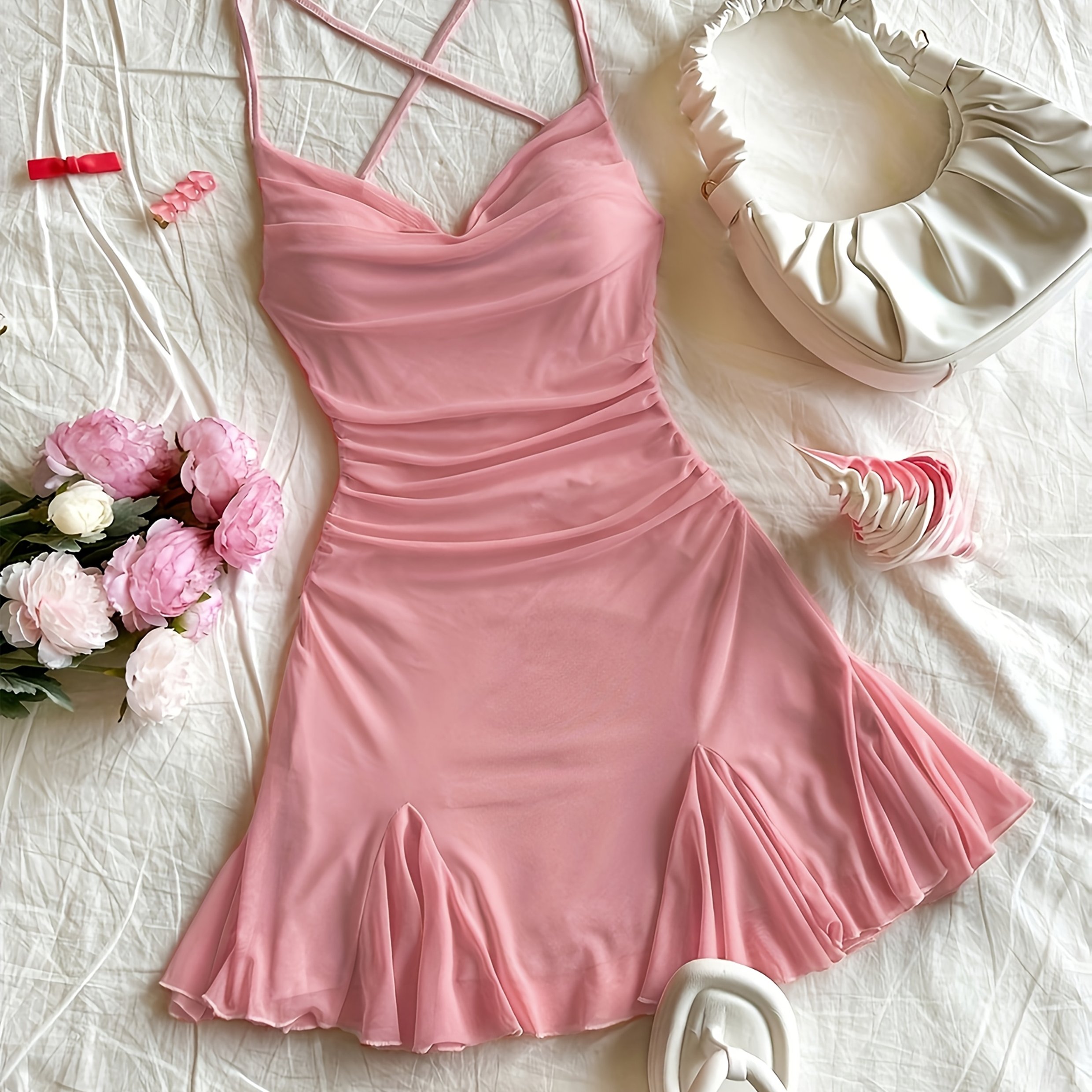 E-shop Damen Urlaubs-Spaghettiträger-Minikleid, Tiefes V-Ausschnitt, Rückenfreies Design, Schleifendetail, Fischschwanzsaum, Stil
