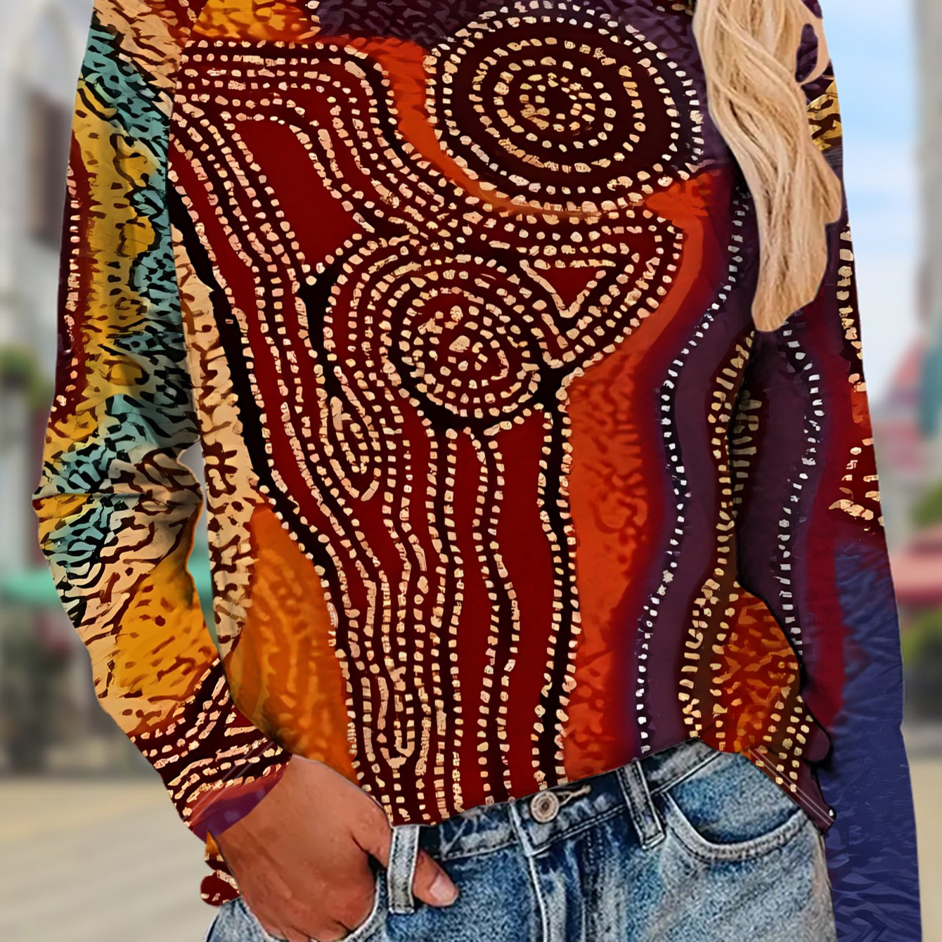 TEMU This Long-sleeved Women's T-shirt Features A Vibrant Ethnic Design With Colorful Patterns Of Lines And Dots, Making It A Stylish And Casual Top.