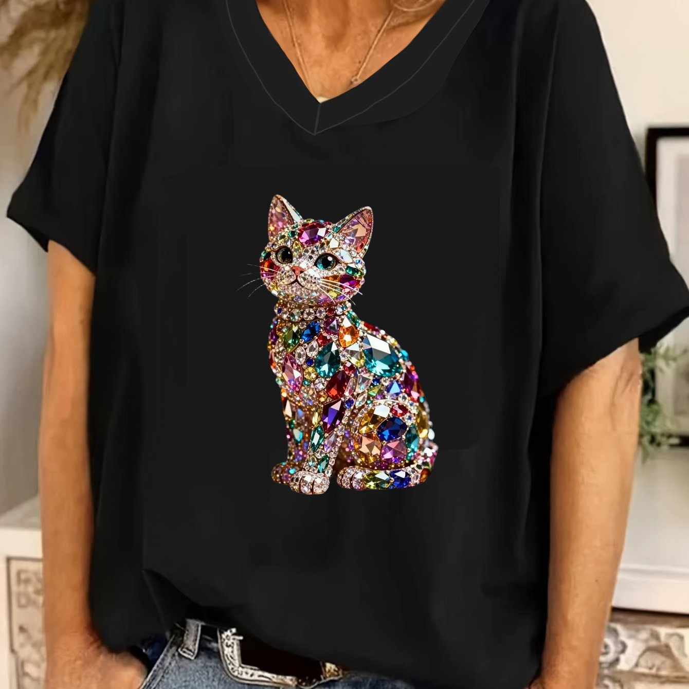TEMU Plus Size Women's Colorful Rhinestone Cat Graphic V-neck Loose Tops