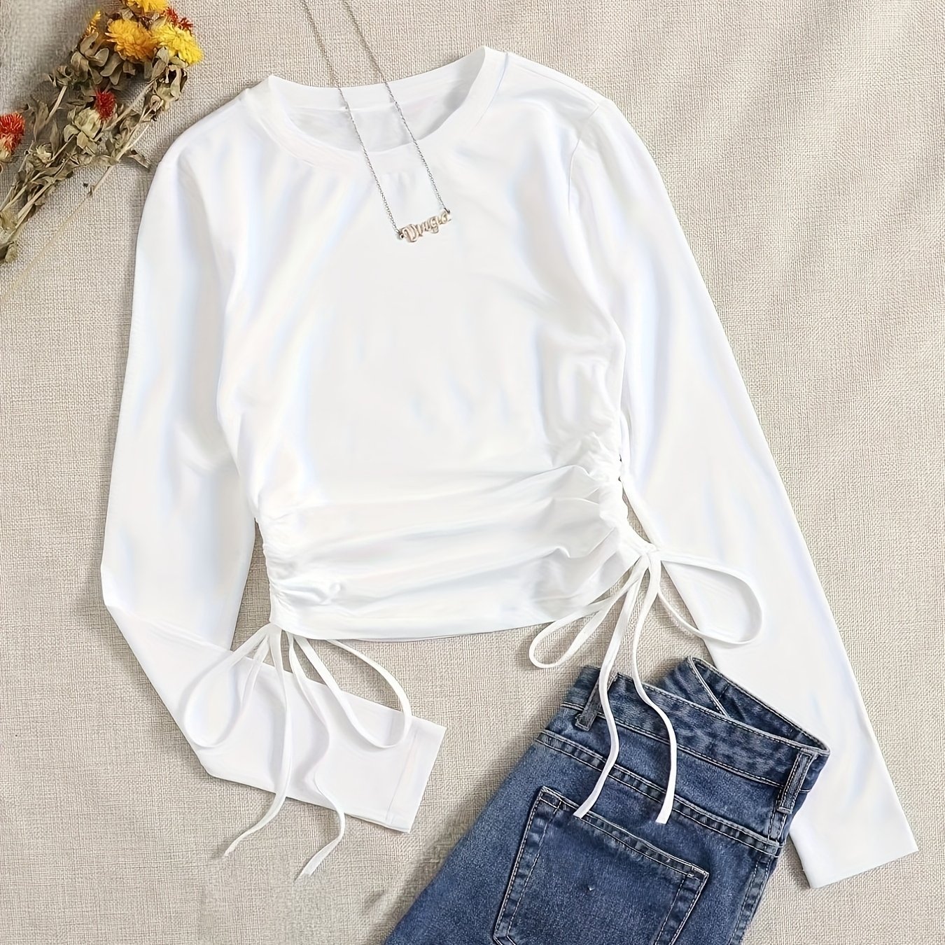 TEMU Solid Round Neck Drawstring T-shirt, Versatile Top, Women's Elegant Casual Long Sleeve Tee - White Solid, Adjustable Waist Drawstring, Fashionable Drawstring Detail