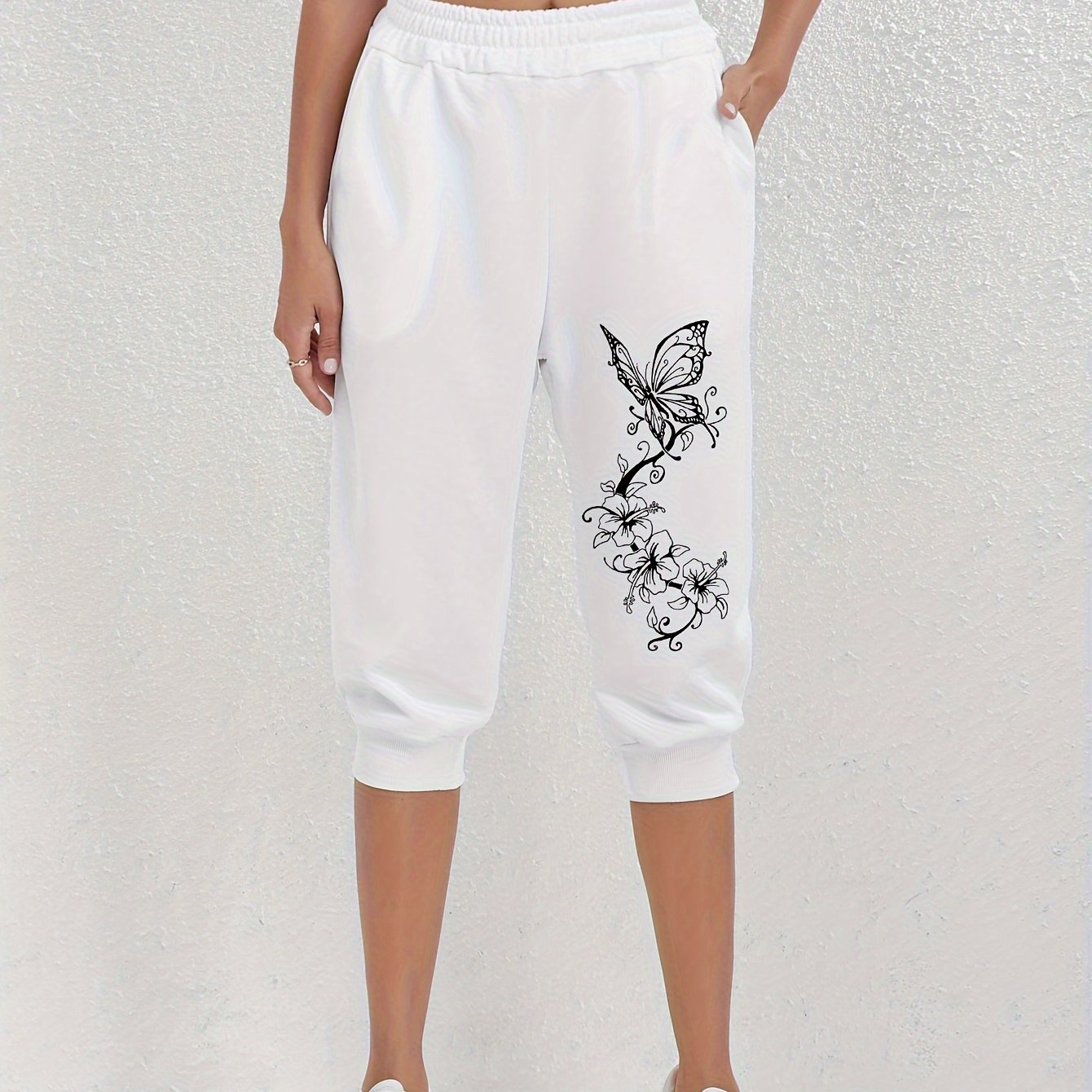 TEMU Pantalon imprimé papillon, Capri à taille élastique, Vêtements pour femmes