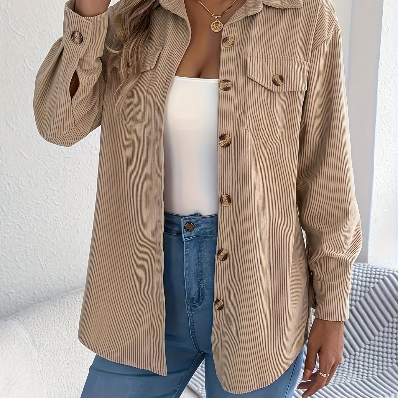 E-shop Elegante Beige Damenjacke - Langarm-Knopfjacke, Maschinenwaschbares Oberteil für Herbst Winter, Geeignet für Büro, Casual Formelle Anlässe -