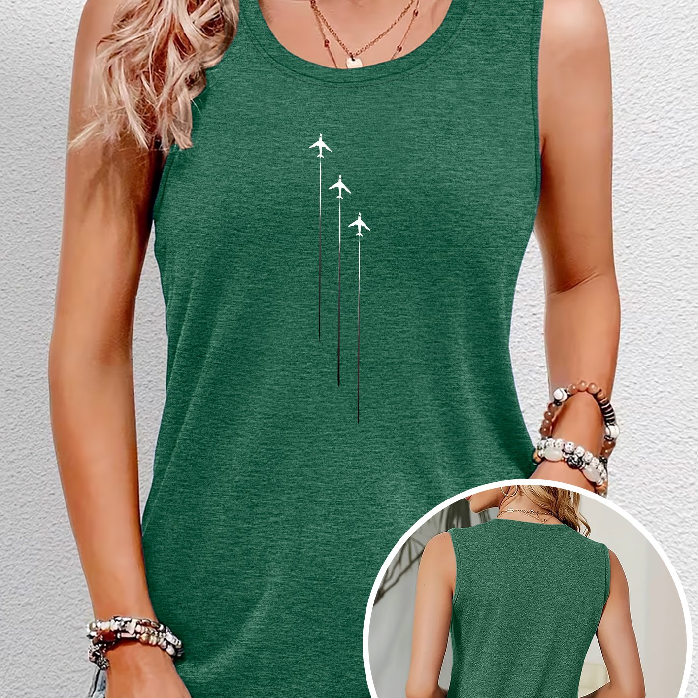 TEMU Airplane Trajectory Print Round Neck Women's Tank Top, Comfortable Soft Breathable Summer , Fashionable Vacation Daily Versatile Retro