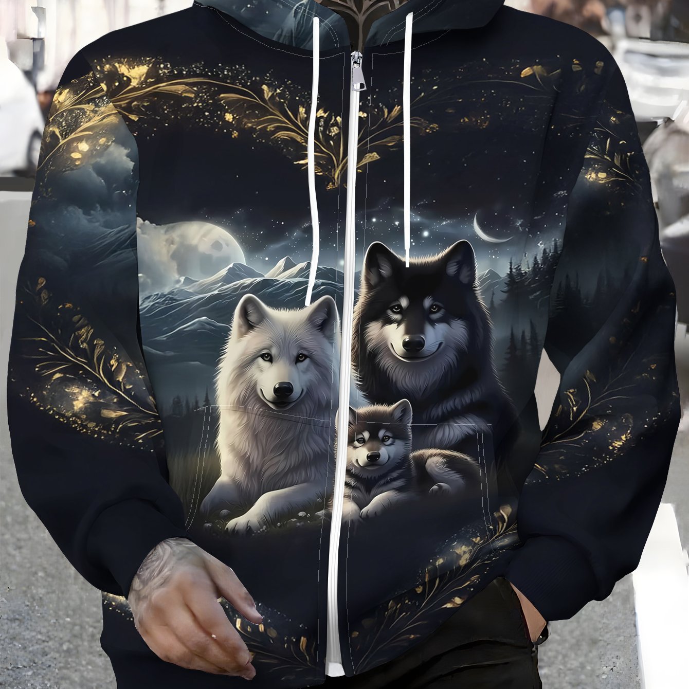 TEMU Men's Zip-up Hoodie - Casual Pullover Zip Hoodie For Men - Featuring Print Of A Warm Wolf Family Under A Starry Night, Suitable For Autumn And