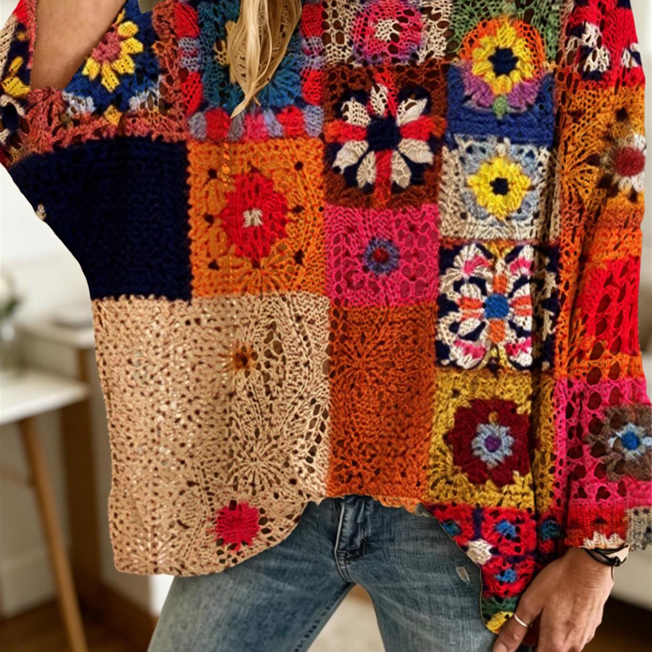TEMU Pull Crochet Rétro Années 70 pour Femme, Motif Granny Square, Haut à Manches Longues Patchwork Floral et Géométrique Vibrant avec Épaules