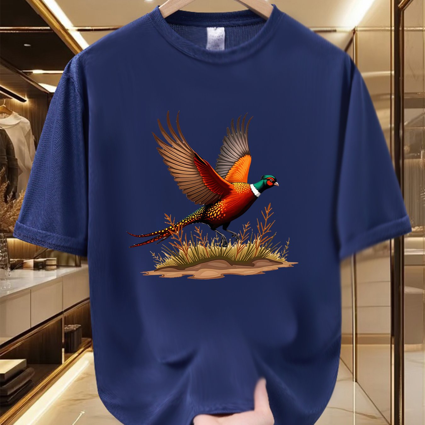 TEMU Men's Graphic T-shirt - Series, Colorful Pheasant Design, Soft And Breathable, 100% Polyester Fiber, Vibrant Print, Crew Neck, Short Sleeve