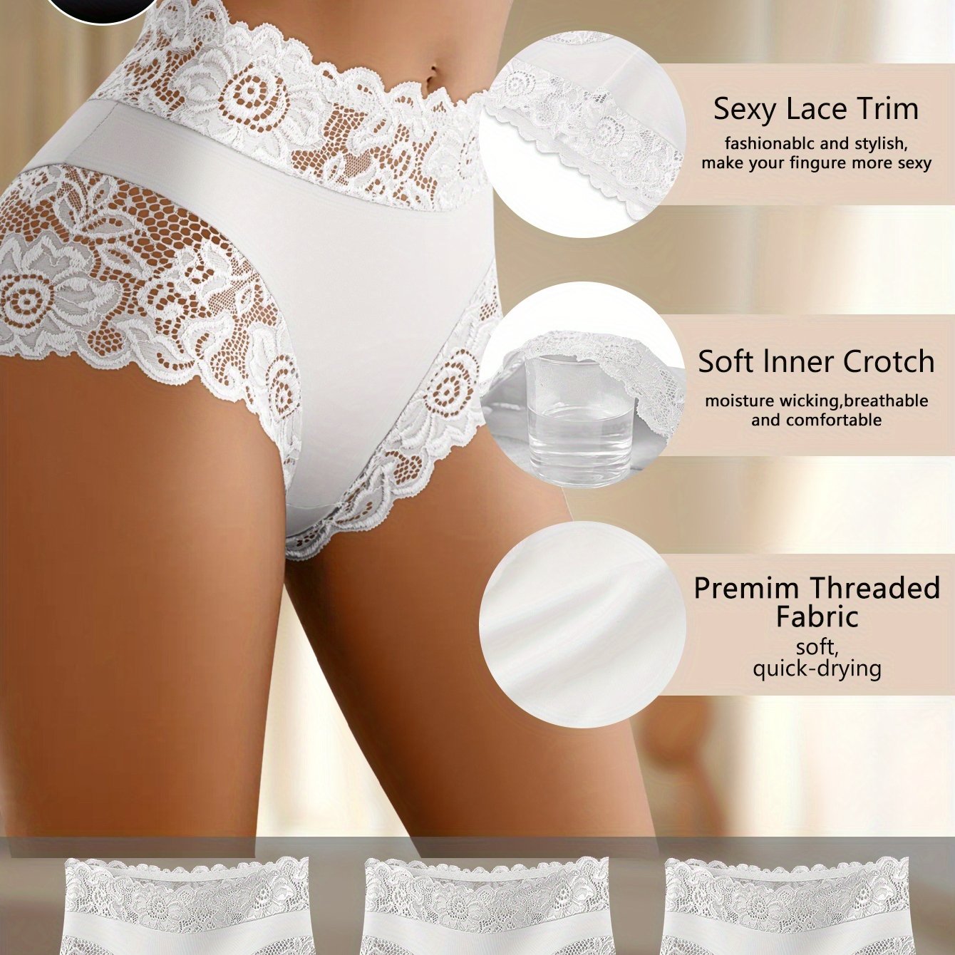 Image of 3pcs Set Of Solid High-waist Lace Panel Women's Underwear, Elegant Temperament Design, Elastic Fabric, Plus Size Women' Panties