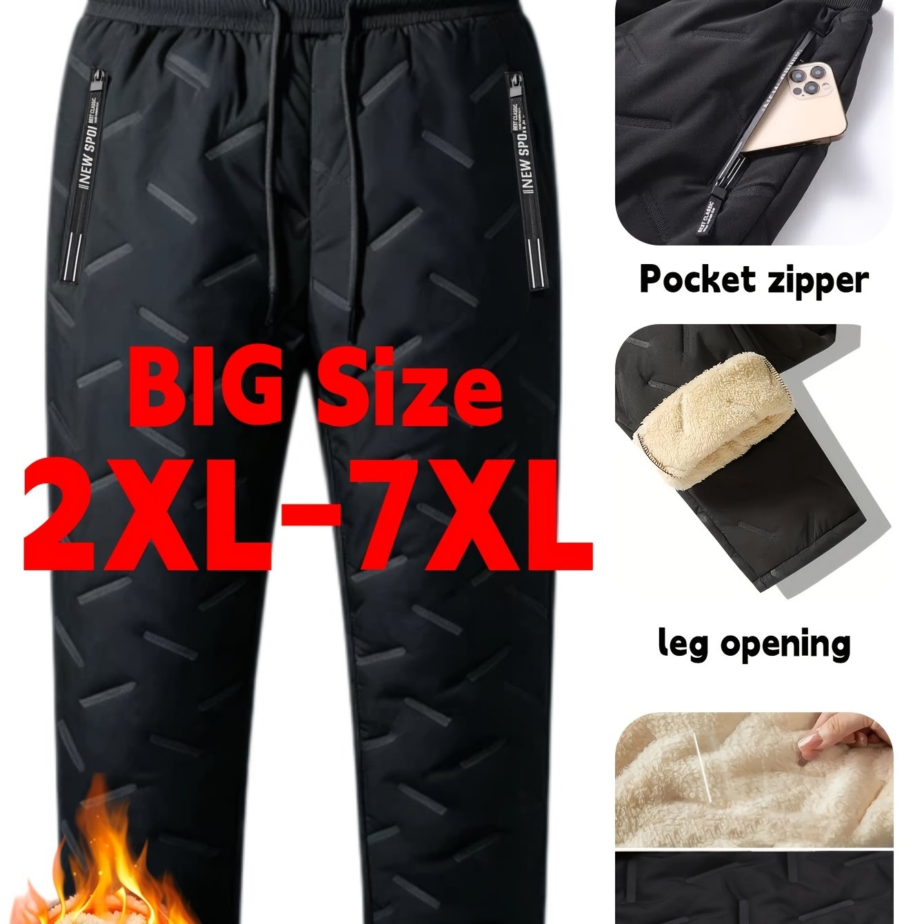 TEMU Men's Plus Size Thermal Winter Pants With Lamb's Blend - Technology Embossed, Elastic Drawstring Waist & Zipper Closure, Straight-leg Trousers