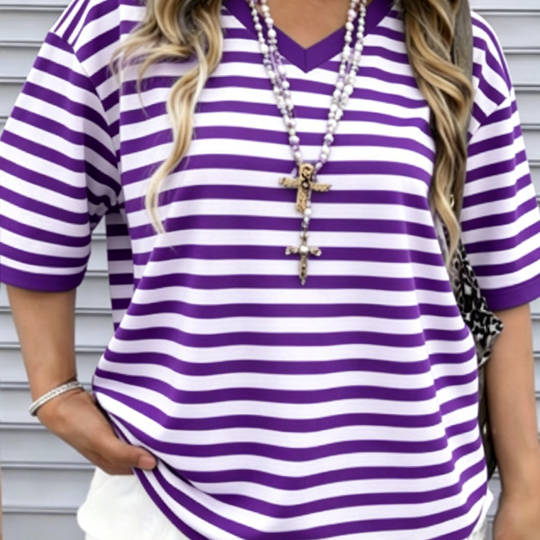 TEMU Plus Size - Süßer Stil Lila V-Ausschnitt Gestreiftes Kurzarm T-Shirt Damen Sommer Lockerer Oberteil