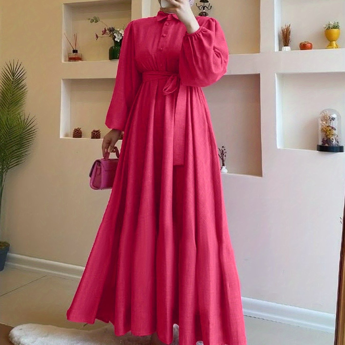 This Year'S Autumn New Middle Eastern Style Ethnic Arab Women'S Robe Rose  Red Dress Is a Fashionable Long-Sleeved Women'S Clothing