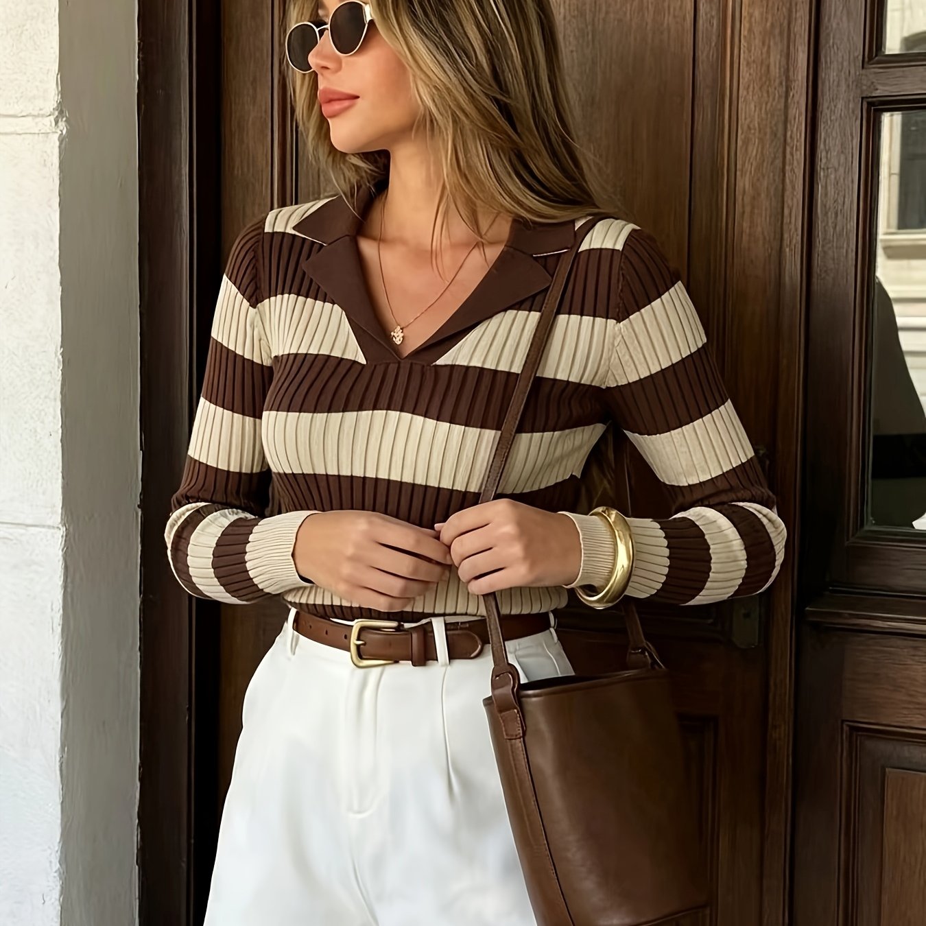 TEMU da donna 2026 nuovo vintage a blocchi di a righe con a polo, autunnale a vestibilit� aderente con verticali, scollo a V, maniche lunghe, top a