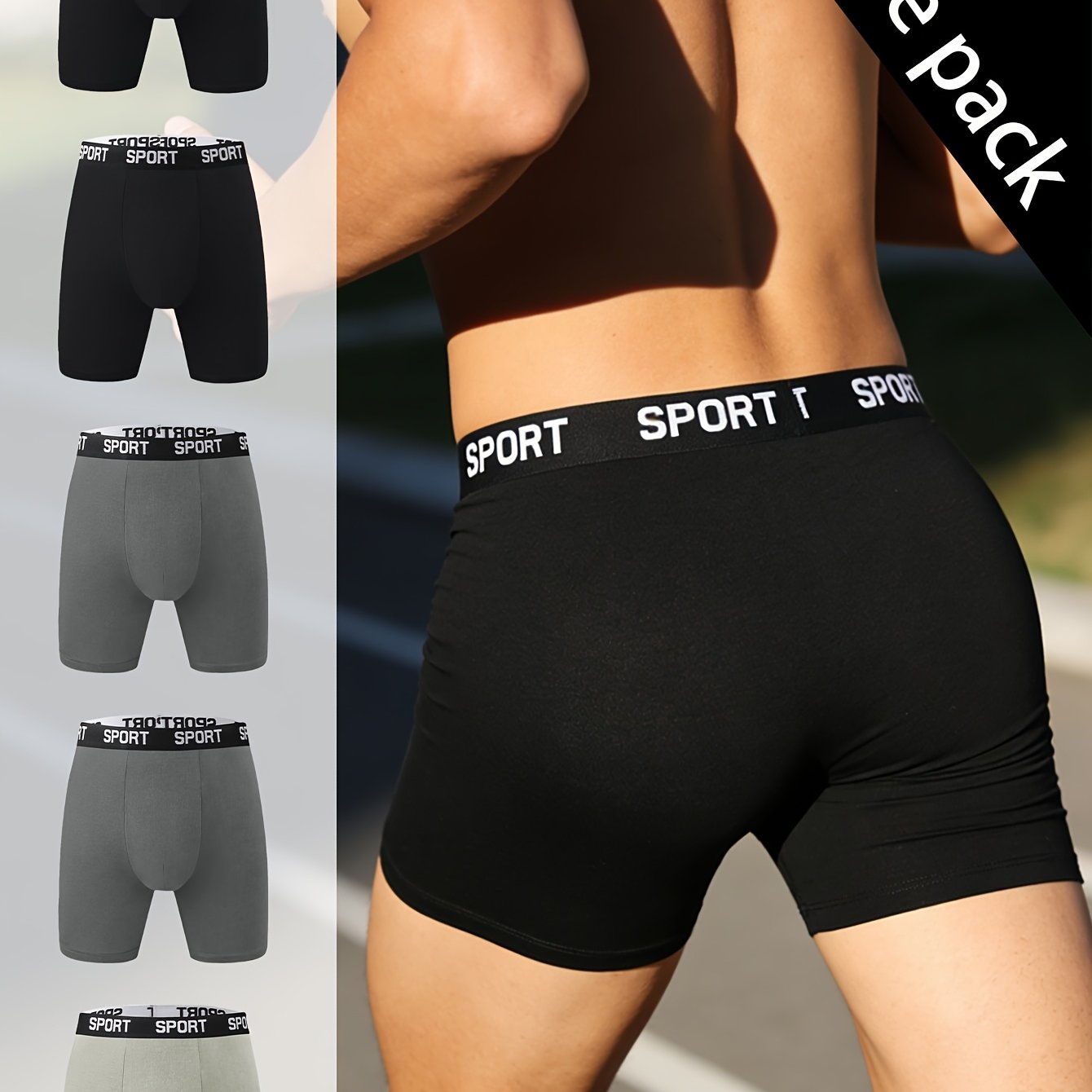 TEMU 5pcs Men's Long Boxer Briefs - Breathable, Stretchy Sports & Casual Underwear, Breathable And Comfortable Elastic Boxers, Comfortable Elastic