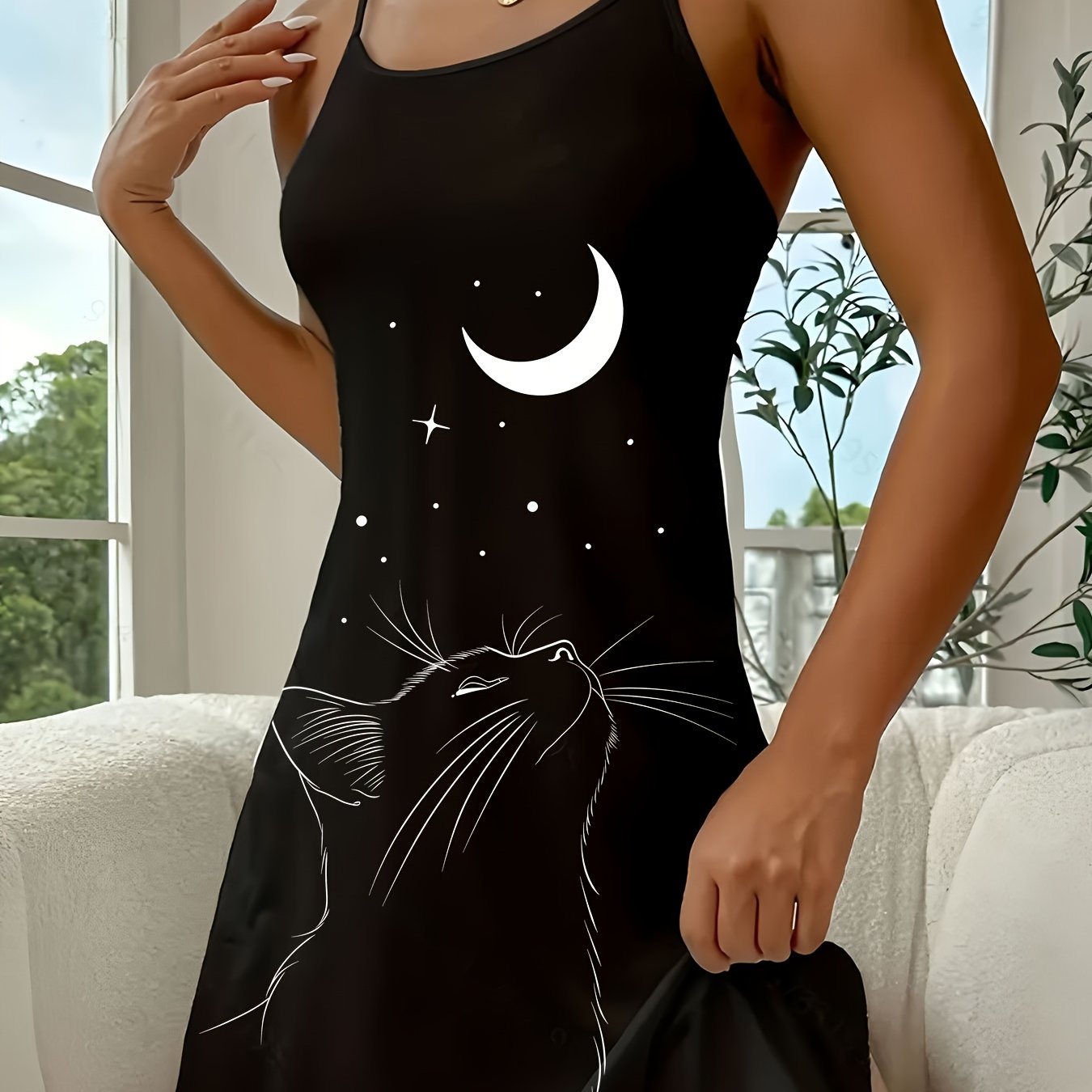 Cat Print Spaghetti Strap Nightgown, Thin Strap Slip Dress, Street Style, Women's Comfortable