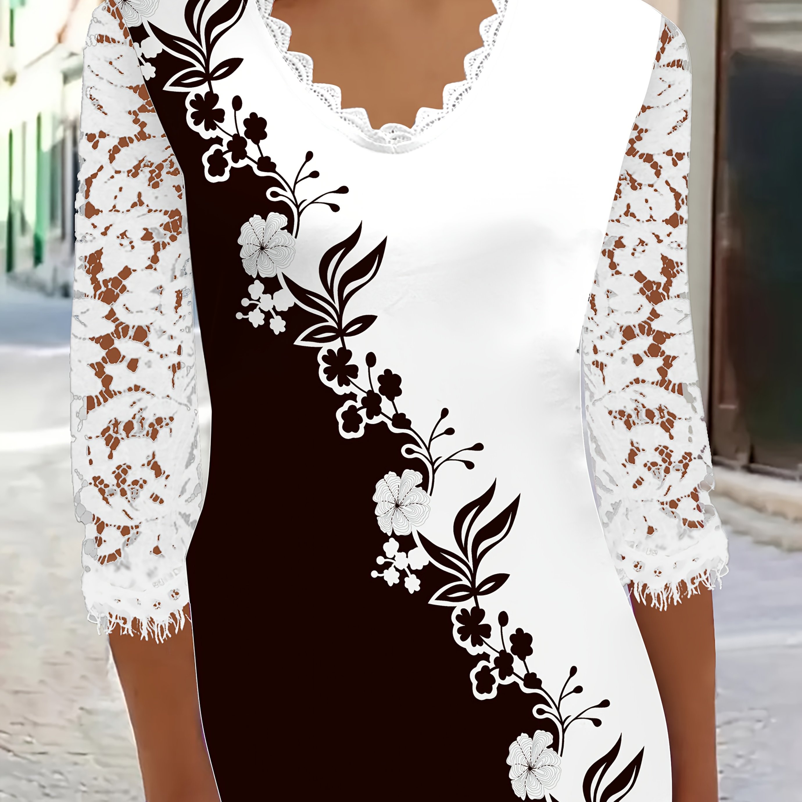 E-shop Elegantes Damen-Spitzen-Patchwork-T-Shirt, Elegantes Damen-Top mit Spitzen-Pflanzen- Blumendruck