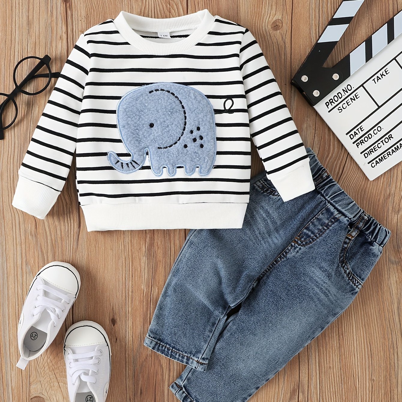 Image of Infant And Toddler Baby Boy's Spring And Autumn Round Neck Striped Elephant Long-sleeved Top And Denim Long Pants Cute Two-piece Set, For Outdoor