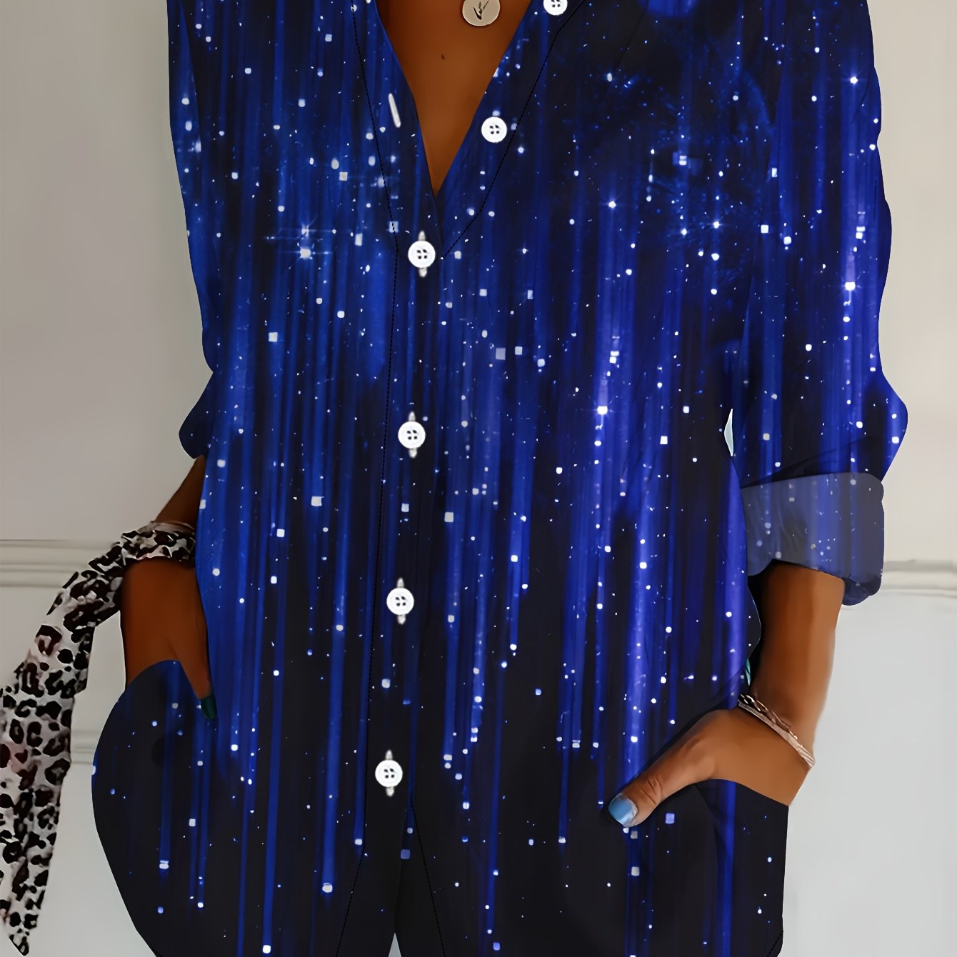 TEMU Plus Size - Plus Size - Plus Size Women's Long Sleeve Shirt, Starry Loose Printed Shirt With Wolf Head Element, Mid-length Women's Long Sleeve