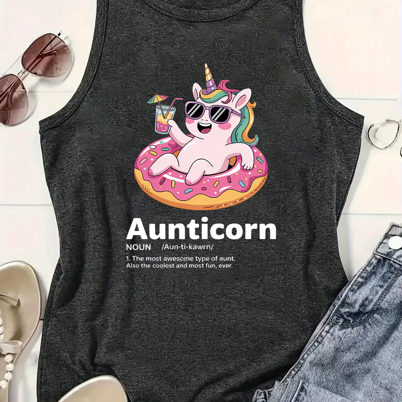 TEMU A Sleeveless Round-neck Tank Top For Women Featuring A Fun Unicorn Aunt Design, Complete With Floating Drinks And Cocktails. Lightweight And