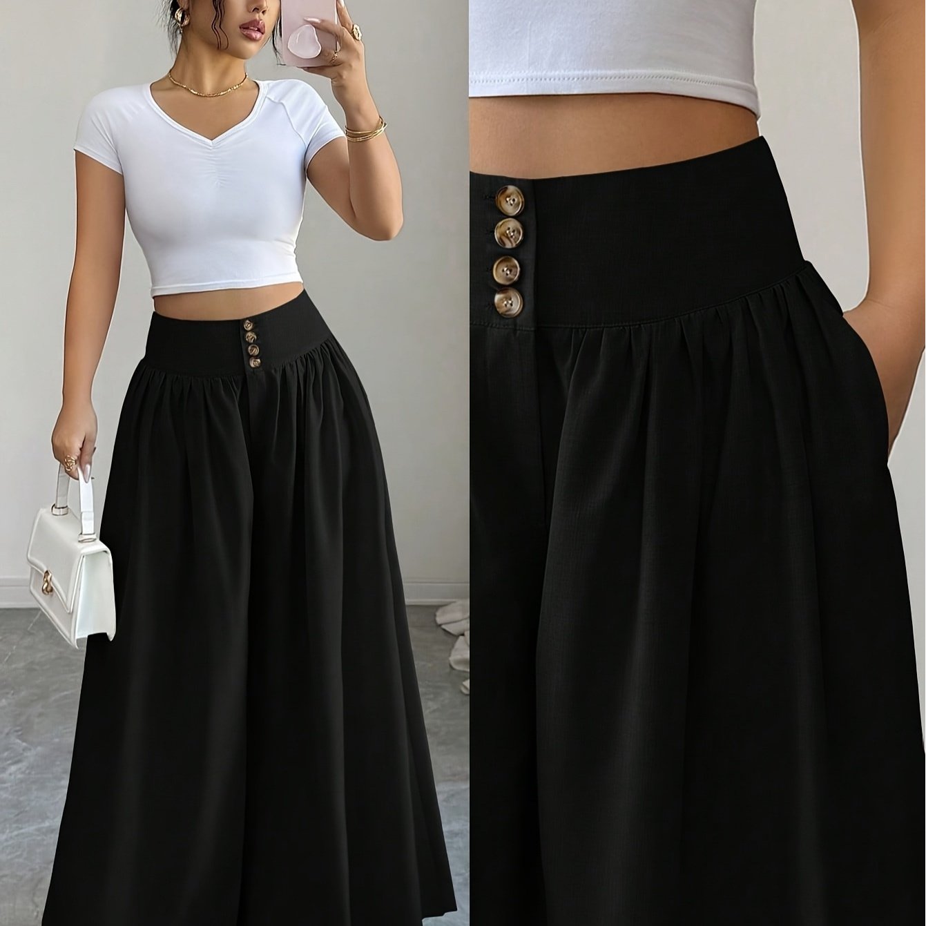 TEMU Plus Size High-waist Linen-look Wide-leg Palazzo Pants, Elegant Flowy Pleated Trousers With Pockets, Casual And Office Wear For Women