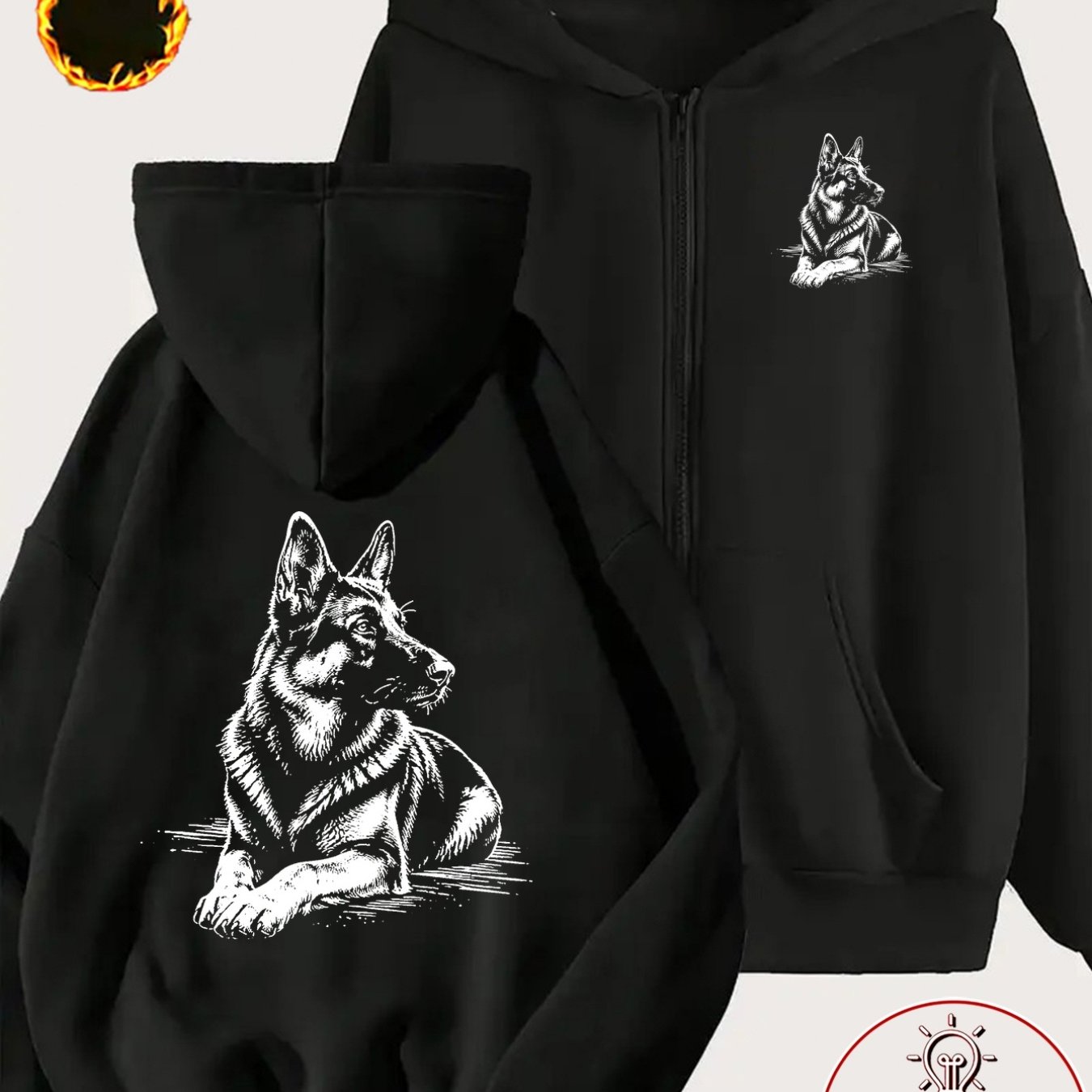 TEMU 1pc Women's Fleece-lined Zip-up Hoodie Sweatshirt With Lifelike German Shepherd Pattern, Elegant , Autumn/winter Outerwear Jacket, Fashionable