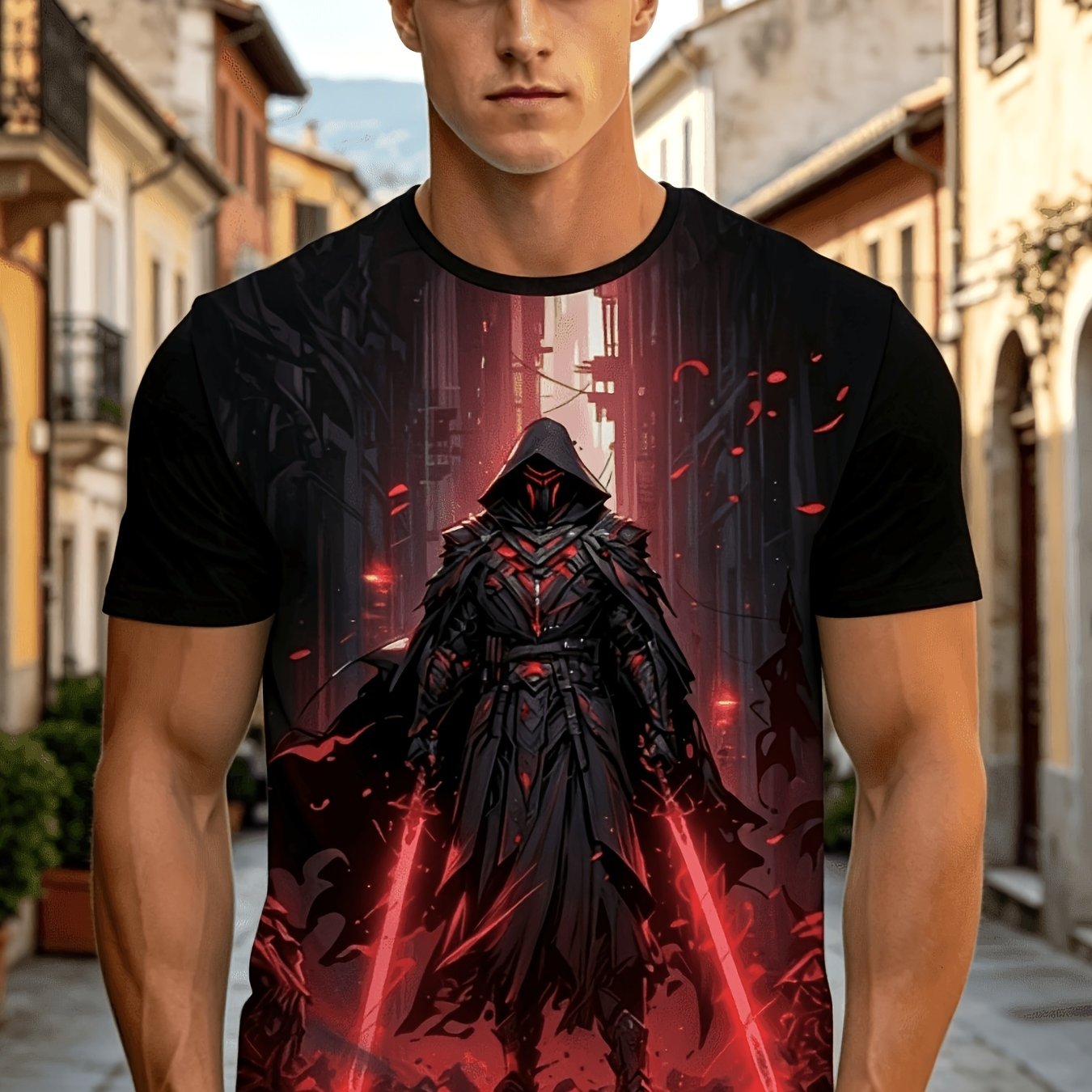 TEMU [printed Design-not Textured] Dark Warrior Portrait Full Print Plain T-shirt, Trendy Brand, No Texture, Loose Fit, Short Sleeve, Unisex, Plus