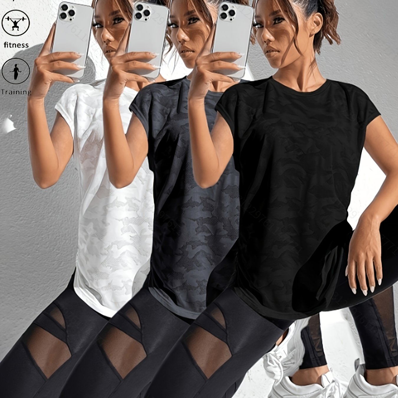 TEMU 3er-Pack (3 Stk.) Kationische Stoff Sport-T-Shirts mit Fledermausärmeln – Feuchtigkeitstransportierend, schnelltrocknend, geeignet für Laufen,