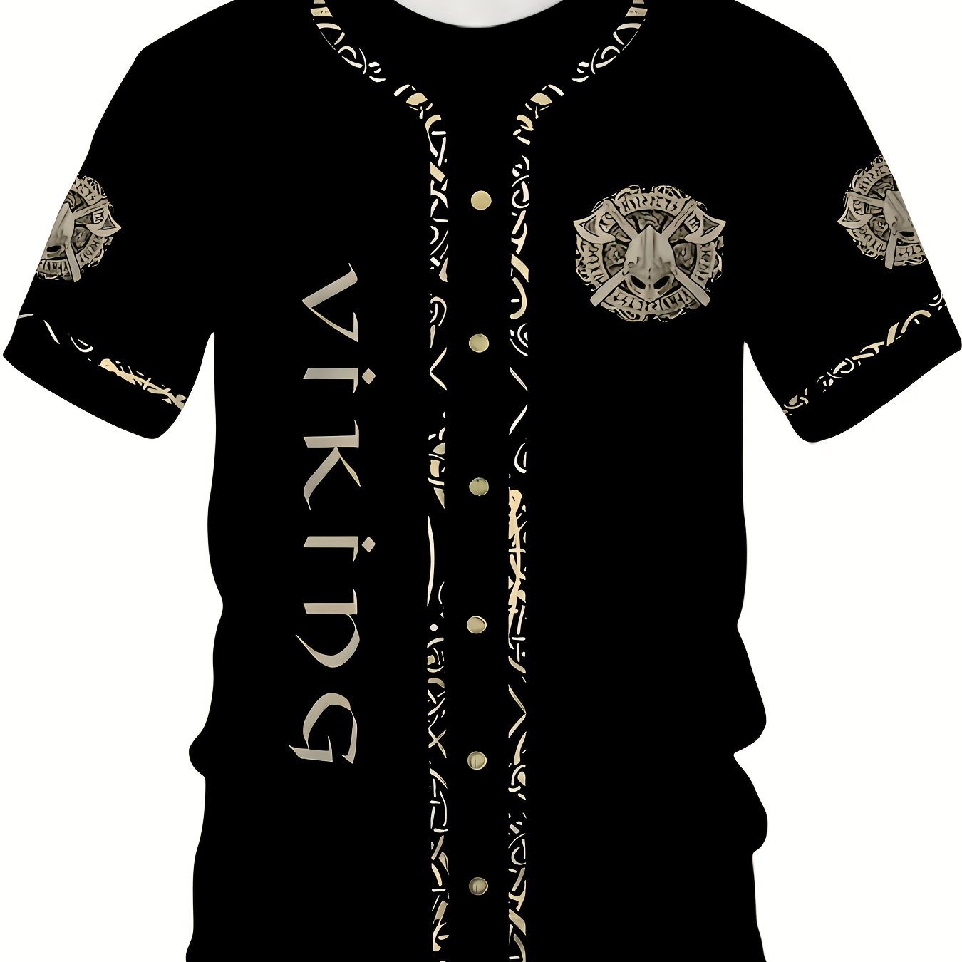 TEMU Men's Viking T-shirt - Black Nordic Pattern Print, Axe And , Summer Casual Top, Regular Fit For Outdoor Sports And